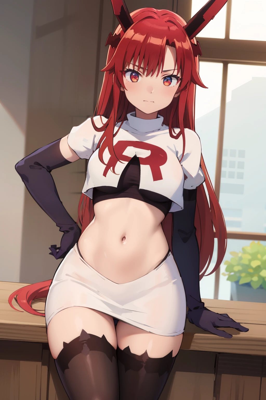 (masterpiece:1.3), (absurdres:1.3), (best quality:1.3),looking at viewer, tania-fi, dragon horns, dragon tail,  team rocket,team rocket uniform,white skirt,crop top,black thigh-highs,black elbow gloves,