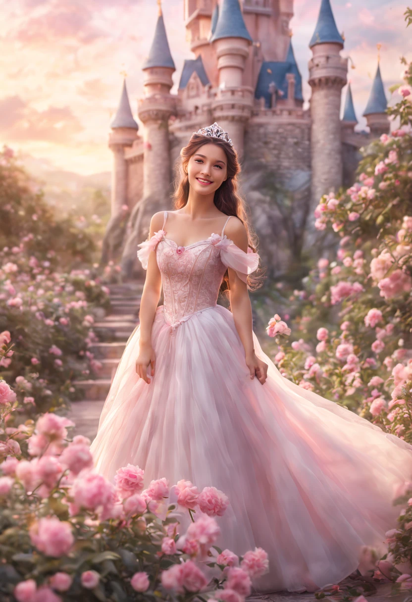 (best quality, 4k, 8k, high resolution, masterpiece: 1.2), ultra detailed, (realistic, photorealistic, photorealistic: 1.37), Disney princess in a white dress with pastel pink flowers, gorgeous fantasy lighting, lady in dress princess, magical concept art, smile like a fairy queen, ethereal fairy tale, fantasy setting with a big fairytale castle in the background, (in very soft color tone: 1.32)