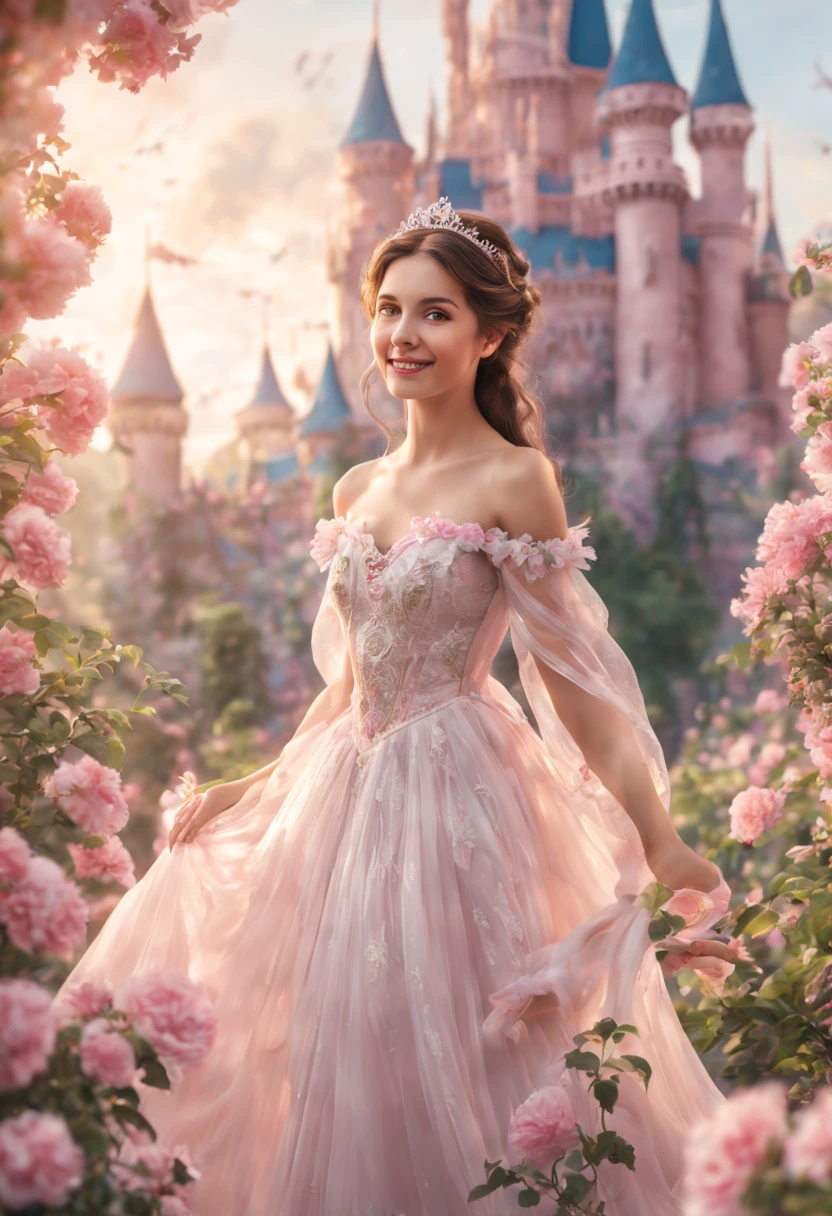 (best quality, 4k, 8k, high resolution, masterpiece: 1.2), ultra detailed, (realistic, photorealistic, photorealistic: 1.37), Disney princess in a white dress with pastel pink flowers, gorgeous fantasy lighting, lady in dress princess, magical concept art, smile like a fairy queen, ethereal fairy tale, fantasy setting with a big fairytale castle in the background, (in very soft color tone: 1.32)