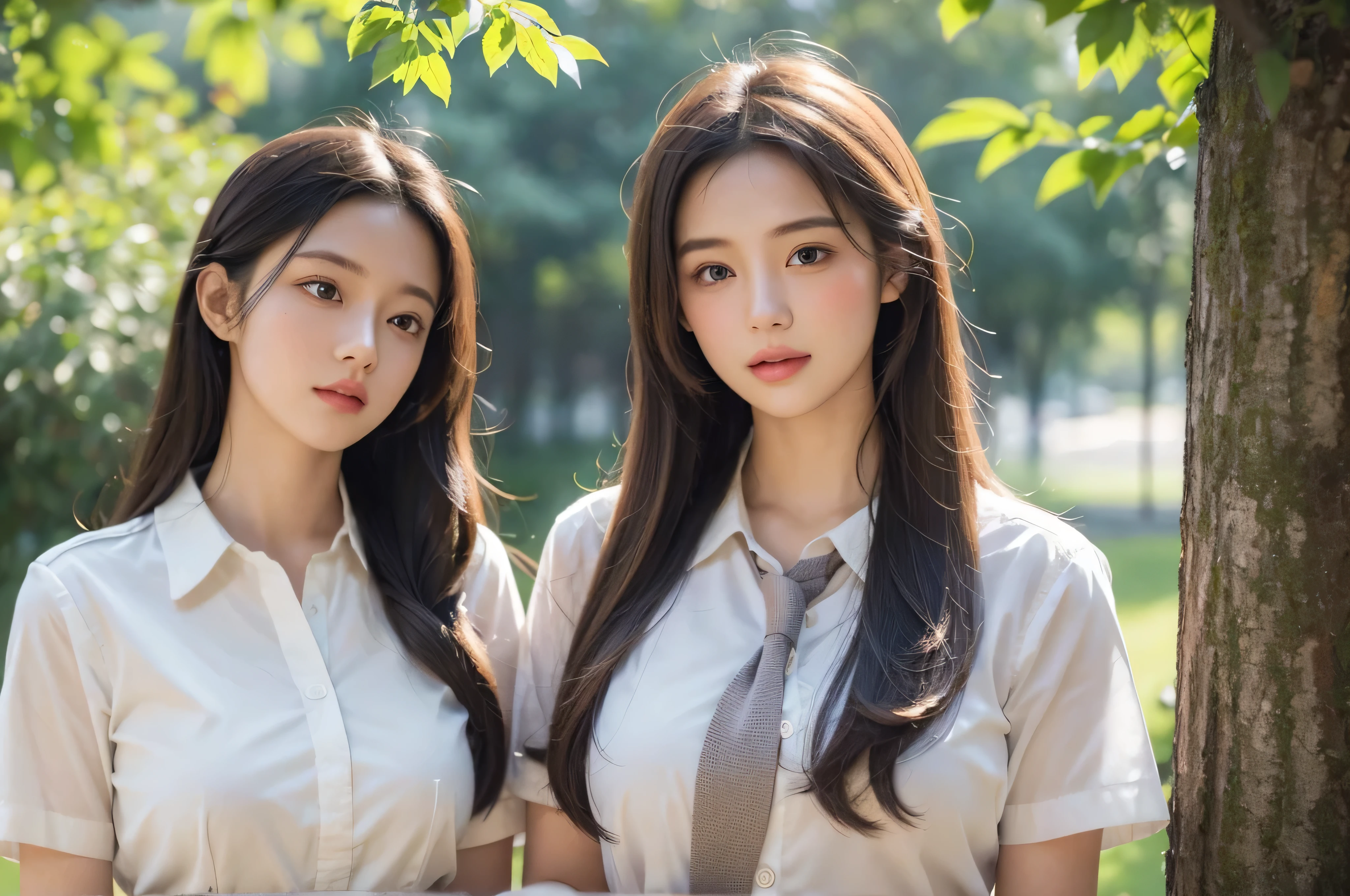 two woman in a school uniform,half body shot,flowing hair,best quality,highres,on the outside of the school,focused and determined expression,vibrant colors,sunlight filtering through the trees,gentle breeze blowing her hair,meticulously detailed fabric and texture,impeccable stitching and buttons,pleats and folds in the uniform creating a sense of movement,highlighted contours and shading,realistic skin tones and subtle blush,crisp and clear lines,professional-grade rendering,subtle hint of nostalgia,soft pastel color palette,evoking a sense of tranquility,subtle lens flare adding a touch of whimsy,prominent shadows creating depth and dimension