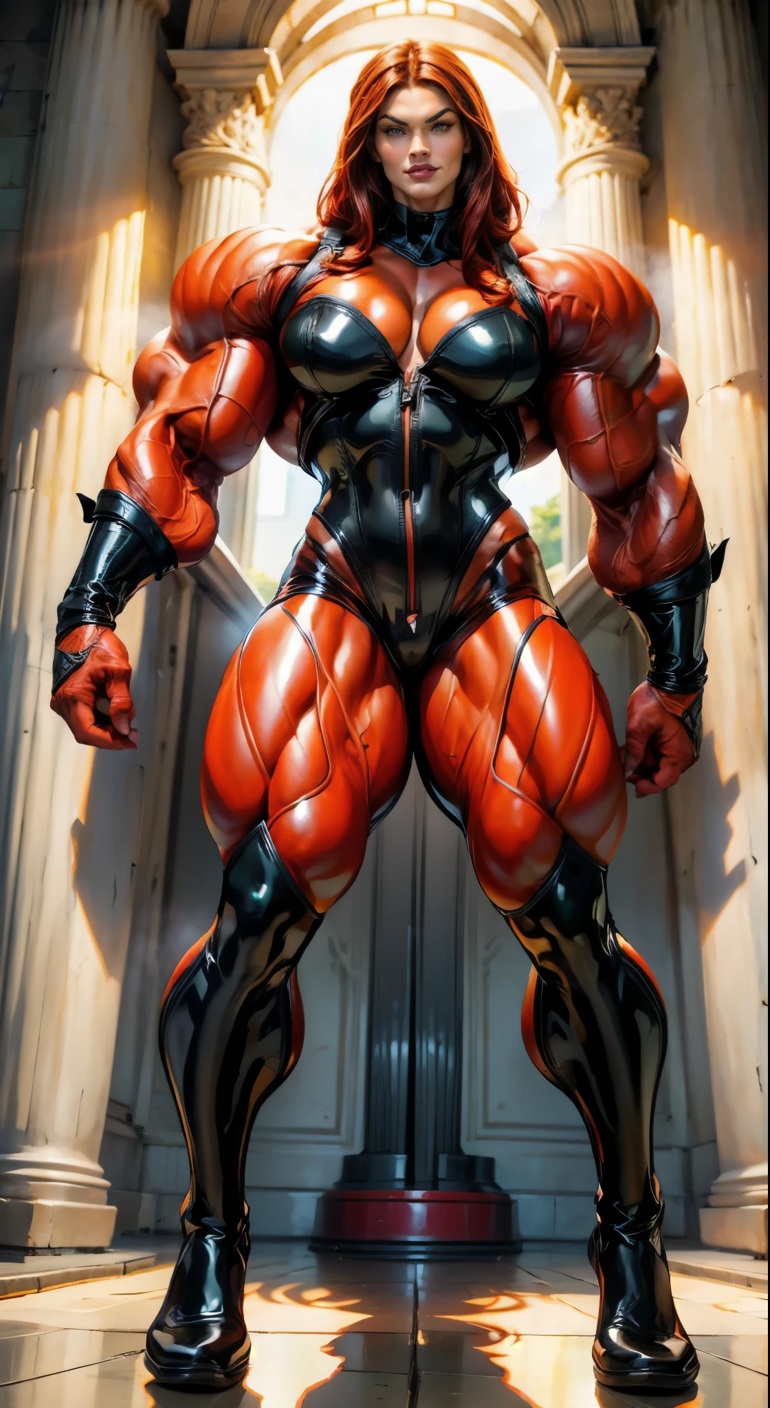 (1 woman), (megan fox:1.25), a drawing of a barbarian woman in full latex suit, (latex bodysuit:1.25), (extreme muscular definition:1.5), (full body pose:1.25), (huge upper body:1.25), (wide shoulders:1.25), veins, beautiful face, full lips, slim face, high cheekbones, muscular, in the art style of peter mohrbacher