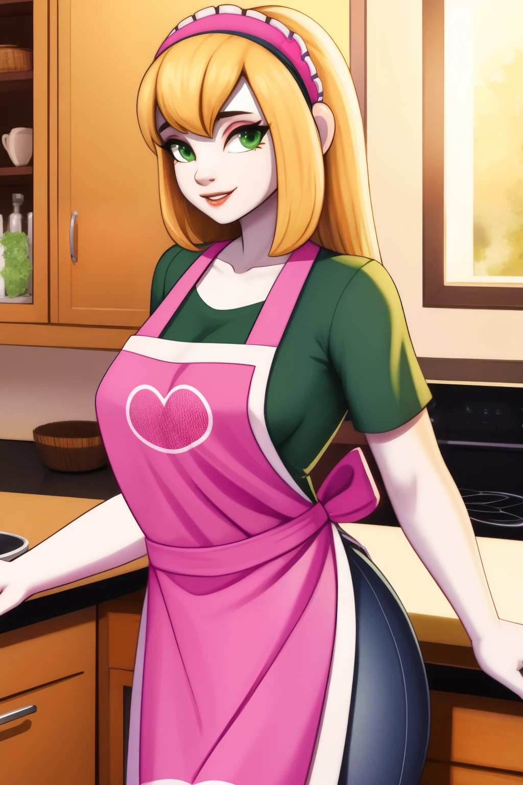 robot housewife, blonde hair, pink shirt, pink hairband, green-white plaid apron