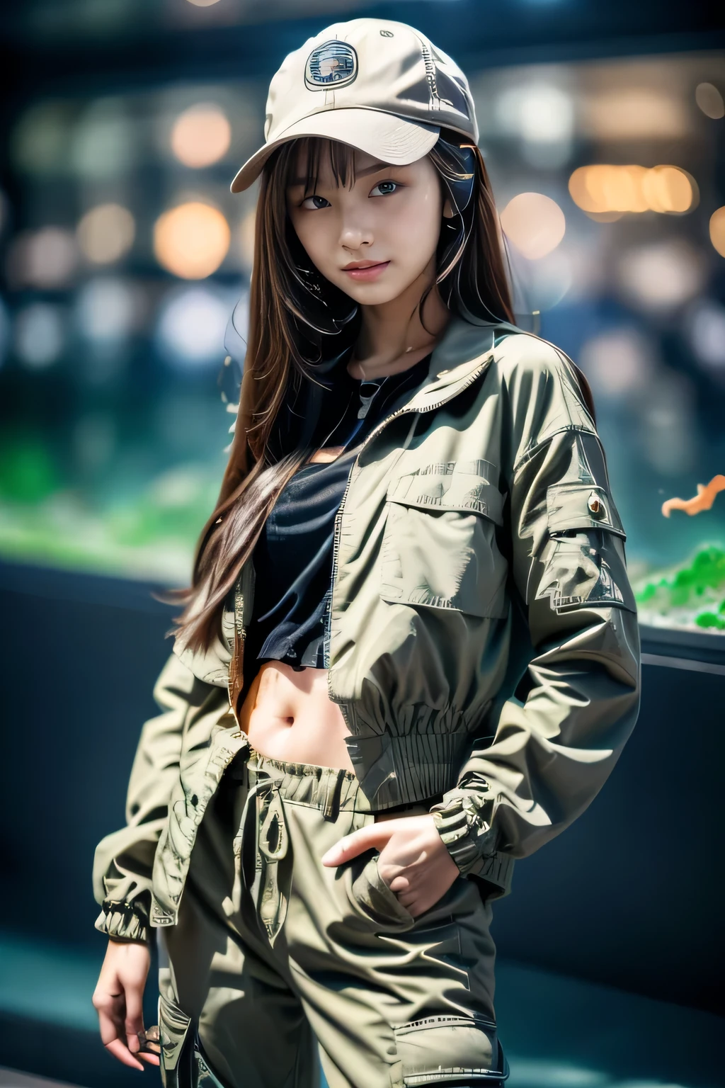 cyborg, android, (Masterpiece:1.3), (8K), (Best Quality:1.4), (UHD:1.2), (Photorealistic:1.3), (Raw Photography), (1girl), (Ultra High Detailed), (Detailed face), very perfect beautiful and cute face, (Detailed hair), Beautiful hair, bangs, (symmetrical eyes:1.3), (Detailed eyes), (Detailed skin), Realistic skin, shiny skin, Ultra high definition, (medium breasts:0.7), (slim figure), (super model figure), 20yo, 

(wearing a field jacket, cargo pants, neck headphones, hip hop cap ), 
(In front of a huge aquarium tank with lots of fish:1.2)