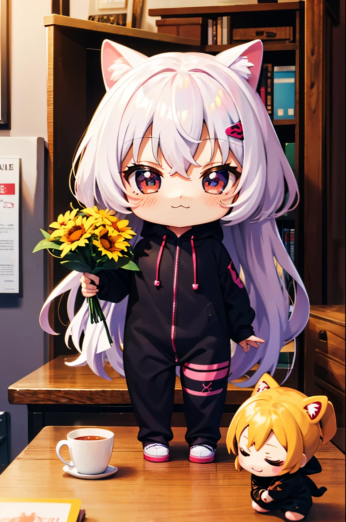 (Chibi:1.3), happy, (holding a bouquet), full body, (Kigurumi), indoors, on the table, (Nendoroid:1.1),