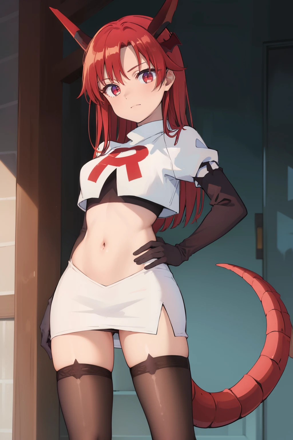 (masterpiece:1.3), (absurdres:1.3), (best quality:1.3),looking at viewer, tania-fi, dragon horns, dragon tail,  team rocket,team rocket uniform,white skirt,crop top,black thigh-highs,black elbow gloves,