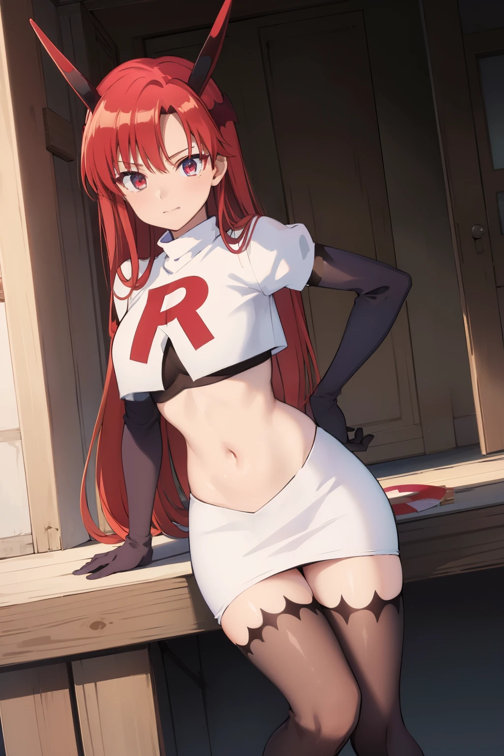 (masterpiece:1.3), (absurdres:1.3), (best quality:1.3),looking at viewer, tania-fi, dragon horns, dragon tail, team rocket,team rocket uniform,white skirt,crop top,black thigh-highs,black elbow gloves,