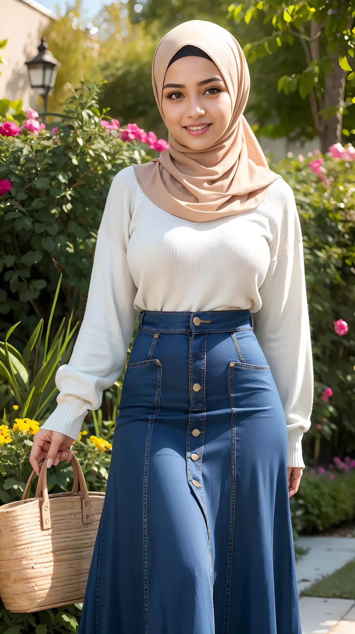 RAW, (Best quality, high resolution, work: 1.3), Beautiful Malay woman in hijab, perfect fit body, Big breasts,Beautiful big eyes, Soft smile, pretty face, slightly open mouth, thick thighs, Soft smile, beautiful girl, face detail, woman in white sweater and blue long skirt, wearing Muslim casual clothing, polite casual clothing style, simple clothing, white hijab, jeans long skirt, modern Muslim casual clothing, simple style, very long skirt, face details, double eyelids, smile) ,(sweet smile:1.1), (glossy lips:1.1), (beautiful eyes:1.1),in the flower garden