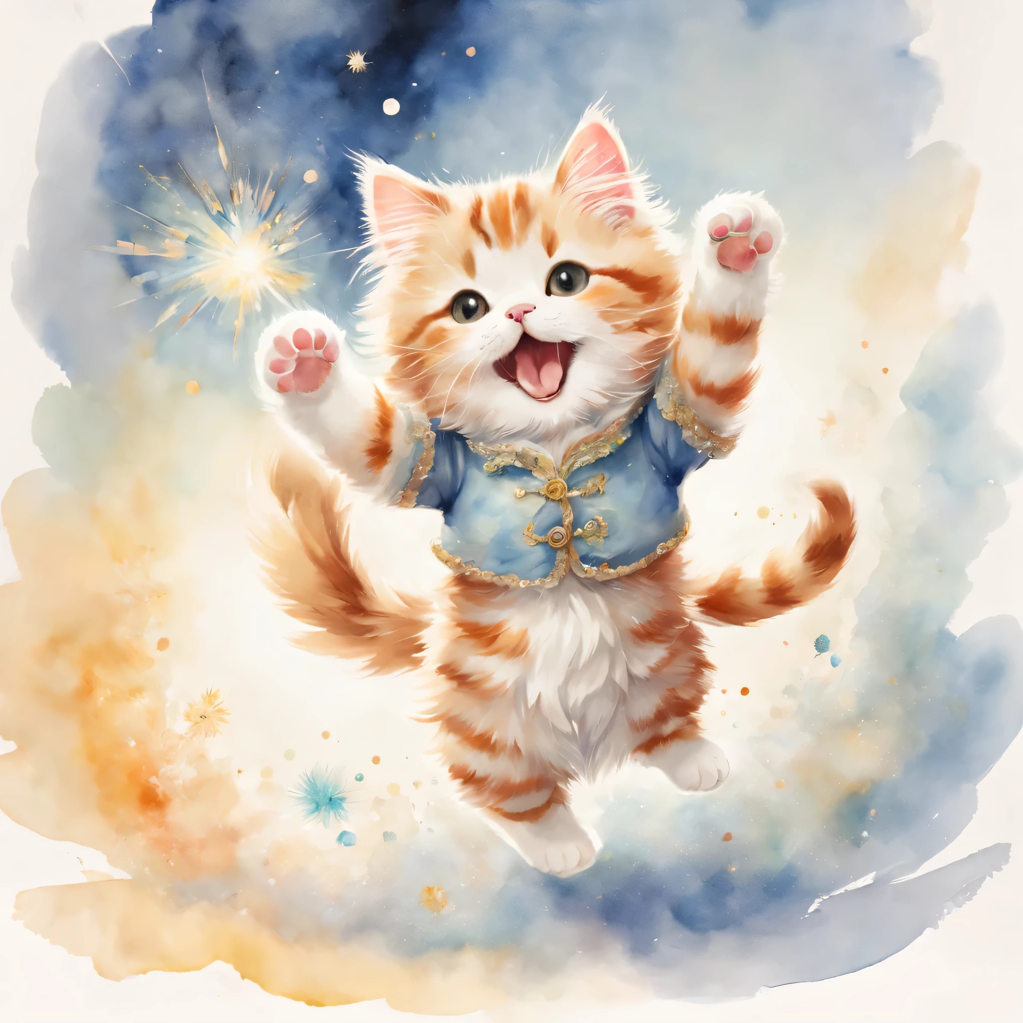 ((cat playing)),dance,raise a hand,jump,open your mouth,indoor,masterpiece,highest quality,fluffy cat,Little,cute,Futebutesi,fun,happiness,,Fashionable scenery,glitter effect,celebration,anatomically correct,All the best,最高にcute猫,cute猫，,fantasy,randolph caldecott style,enlightenment,watercolor painting,Gentle shades
