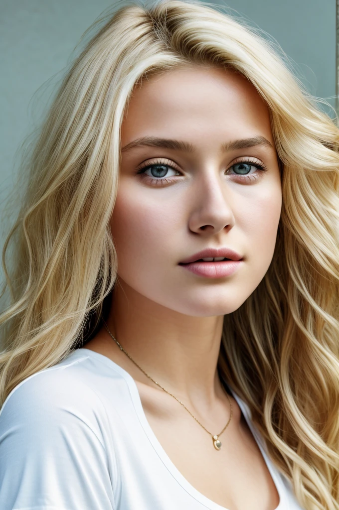 1girl in, age16, Solo, Long wavy hair, small tits, long messy windy blonde hair, looking at camera, o-face, blonde hair, jewelry, Full body, (extremely detailed 8k wallpaper), soft lighting, high quality, film grain, Fujifilm XT3 sharp focus, f 5.6, 50mm, High Detail, Sharp focus,(natural light), (seductive), revealing, Realistic, sexy, tight white t-shirt