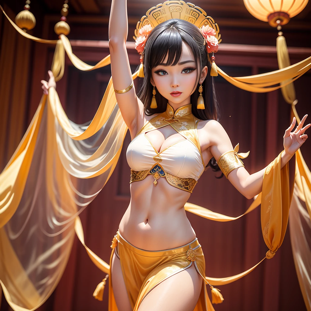 Chinese style,national current,Dunhuang style,a beautiful lady,Transparent tulle Dunhuang clothing,Pictures of flying ladies in Dunhuang,Dunhuang School,belly dance,Bare crotch,Exposing the upper part of the mons pubis and thick hair,thigh