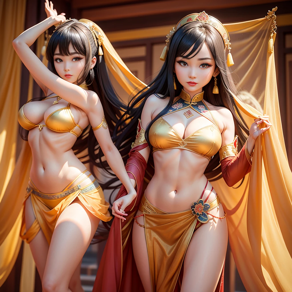 Chinese style,national current,Dunhuang style,a beautiful lady,Transparent tulle Dunhuang clothing,Pictures of flying ladies in Dunhuang,Dunhuang School,belly dance,Bare crotch,Exposing the upper part of the mons pubis and thick hair,thigh