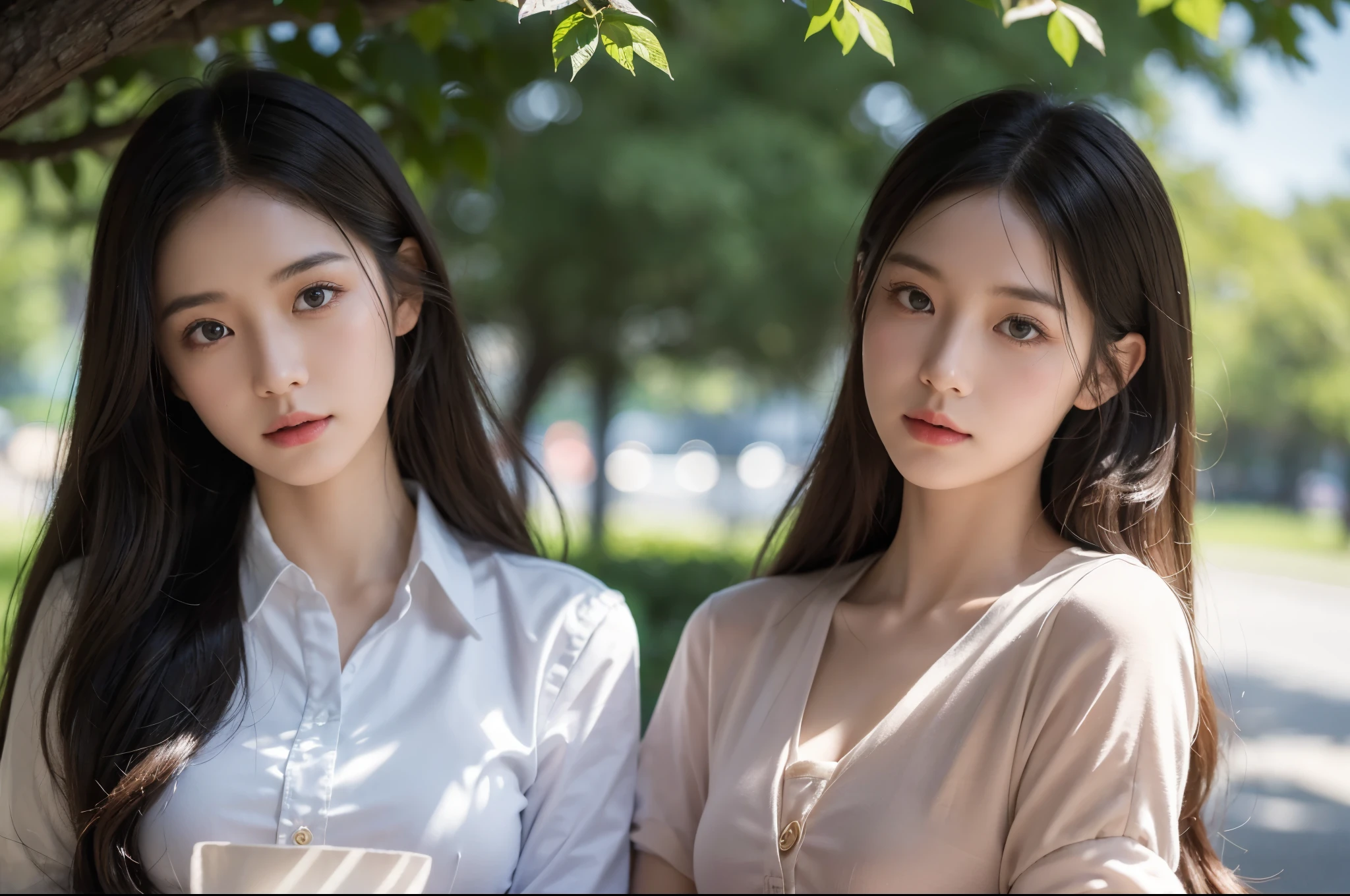two woman in a school uniform,half body shot,flowing hair,best quality,highres,on the outside of the school,focused and determined expression,vibrant colors,sunlight filtering through the trees,gentle breeze blowing her hair,meticulously detailed fabric and texture,impeccable stitching and buttons,pleats and folds in the uniform creating a sense of movement,highlighted contours and shading,realistic skin tones and subtle blush,crisp and clear lines,professional-grade rendering,subtle hint of nostalgia,soft pastel color palette,evoking a sense of tranquility,subtle lens flare adding a touch of whimsy,prominent shadows creating depth and dimension