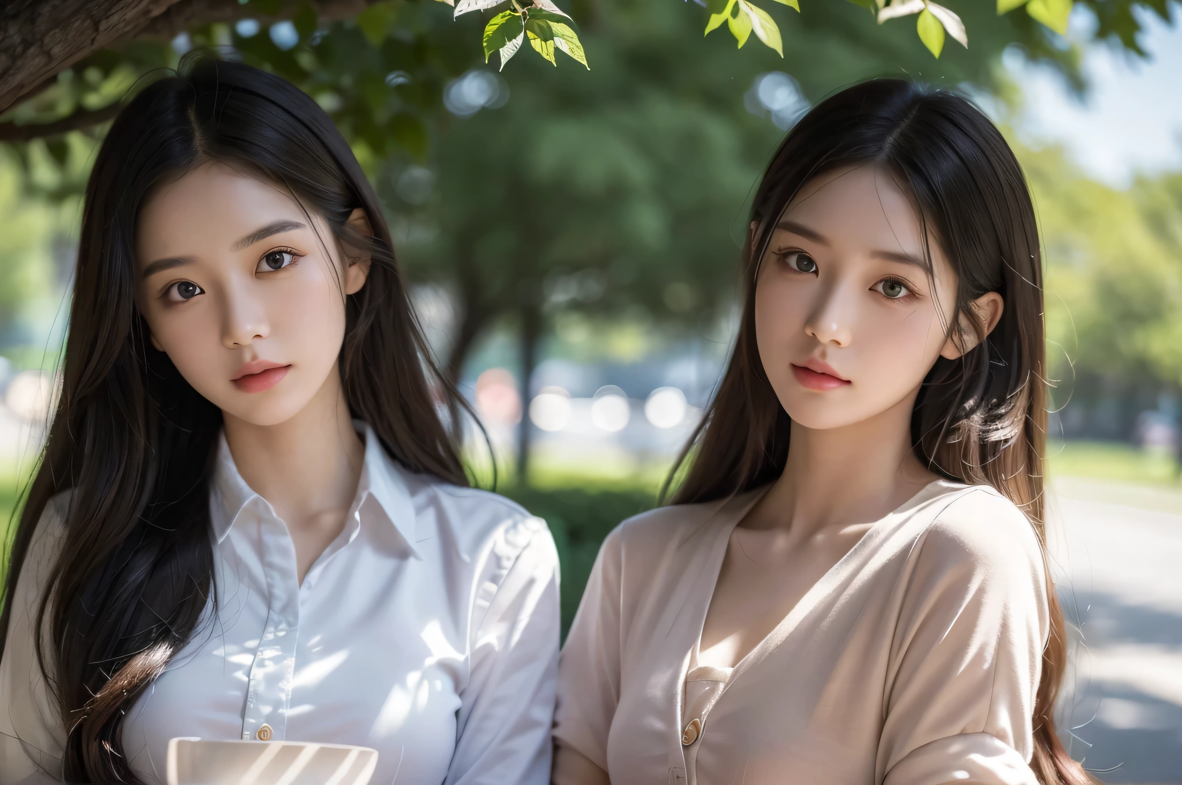 two woman in a school uniform,half body shot,flowing hair,best quality,highres,on the outside of the school,focused and determined expression,vibrant colors,sunlight filtering through the trees,gentle breeze blowing her hair,meticulously detailed fabric and texture,impeccable stitching and buttons,pleats and folds in the uniform creating a sense of movement,highlighted contours and shading,realistic skin tones and subtle blush,crisp and clear lines,professional-grade rendering,subtle hint of nostalgia,soft pastel color palette,evoking a sense of tranquility,subtle lens flare adding a touch of whimsy,prominent shadows creating depth and dimension