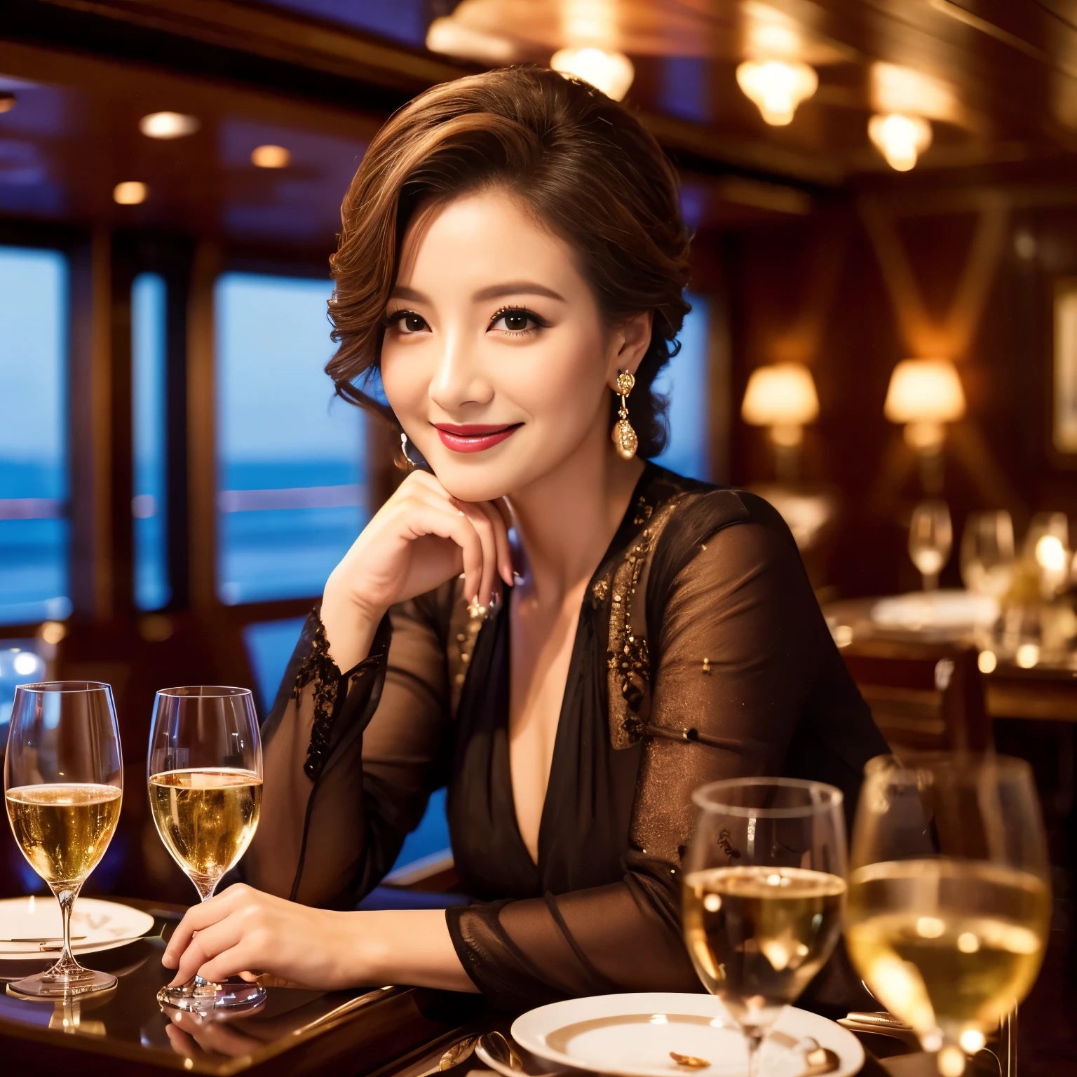 (highest quality、table top、8K、best image quality), The most beautiful and elegant 45 year old mature woman、(Luxury cabin on a luxury cruise ship:1.1)、(Beautiful ocean views from luxurious windows:1.1)、(Luxury and classy guest rooms:1.1)、Romantic atmosphere、elegant and beautiful dress、A smile that looks at me lovingly、perfect makeup、lipstick、long eyelashes、perfect shiny beautiful lips、plump lips、Beautiful and classy eyeshadow The most beautiful and classy hairstyle、(accurate anatomy:1.1)、perfect makeup、blurred background