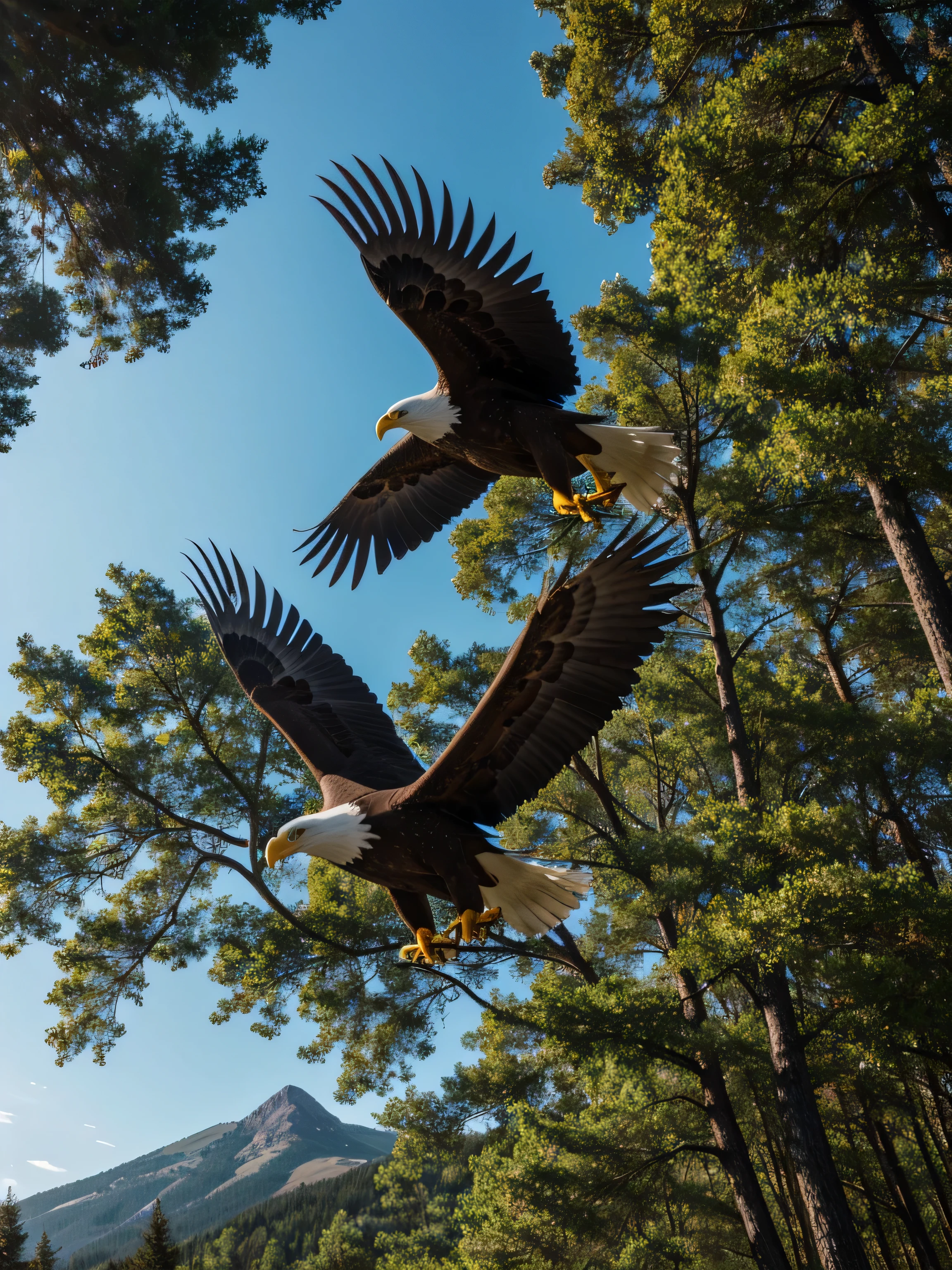 An eagle flying in the sky near by highest trees with small mountain background. The scene is set in the morning vibes, with the eagle being the main focus. The image is of the highest quality, with every detail being extremely detailed and well-defined. It looks like an official art piece or a still from a movie. The lighting effects are reminiscent of those used in movies, with dramatic shadows and highlights. The resolution is 4K, ensuring crisp and clear visuals.