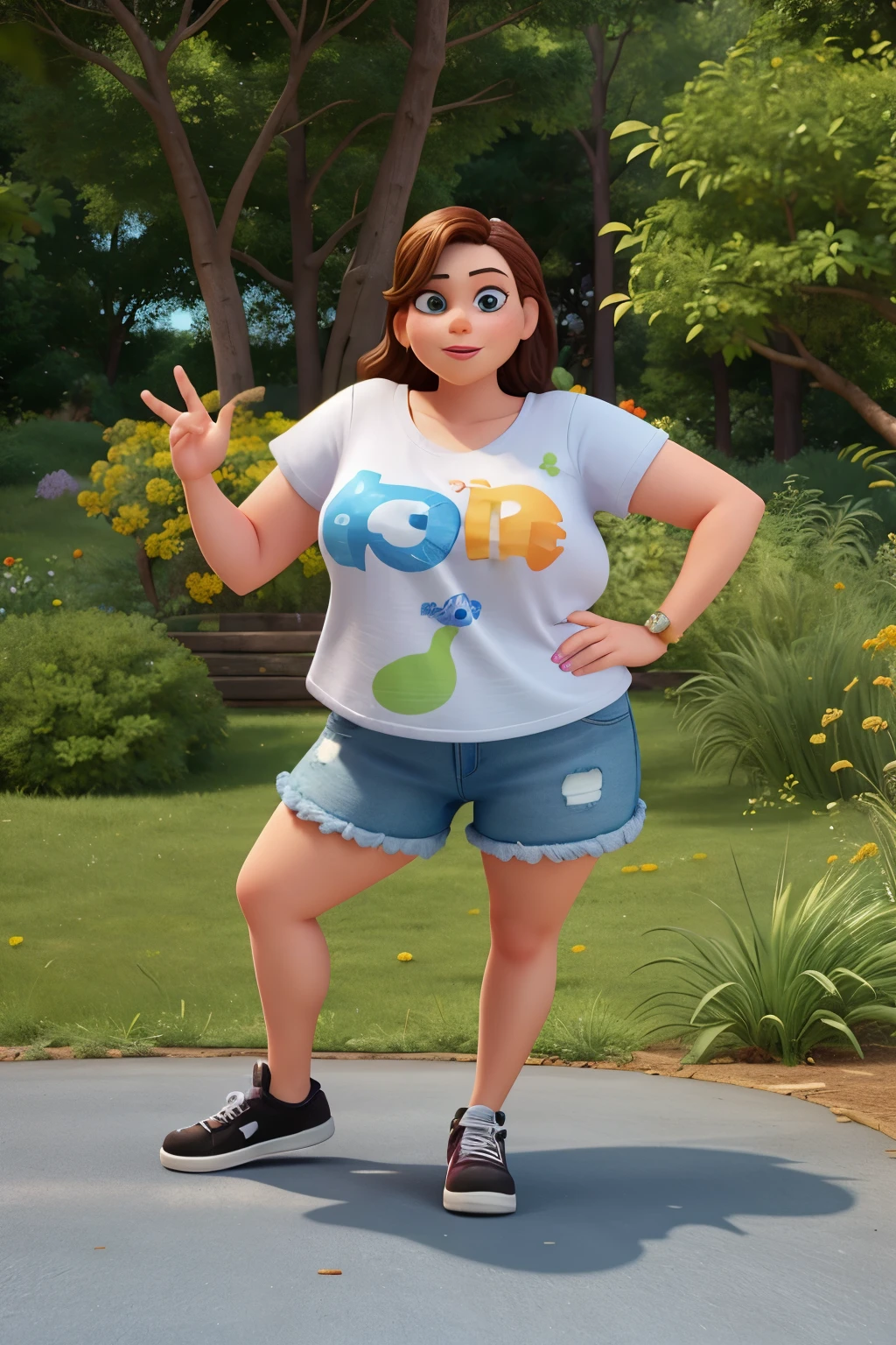 Crie um personagem no estilo Disney Pixar de ma mulher de 31 anos magra, radiante, of medium height, cabelos longos e escuros presos, vestindo uma blusa branca com mangas curta na cor laranja, denim shorts and black sneakers, with a grassy backdrop in the background.
