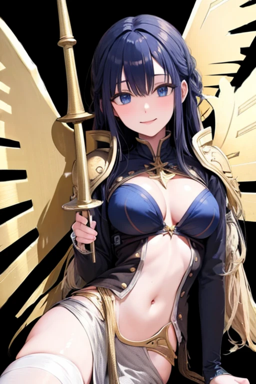 Black hair, blue eyes, large breast, sexy, beautiful body, bed, Masterpiece, angel, white wings, smile