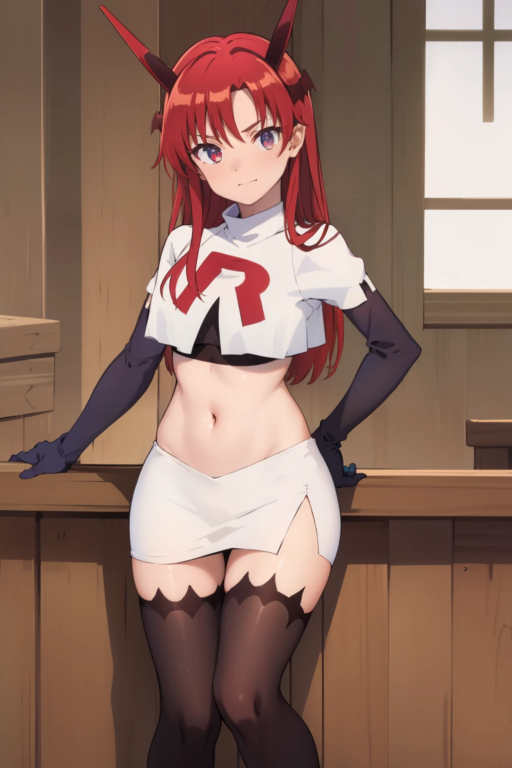 (masterpiece:1.3), (absurdres:1.3), (best quality:1.3),looking at viewer, tania-fi, dragon horns, dragon tail,  team rocket,team rocket uniform,white skirt,crop top,black thigh-highs,black elbow gloves,