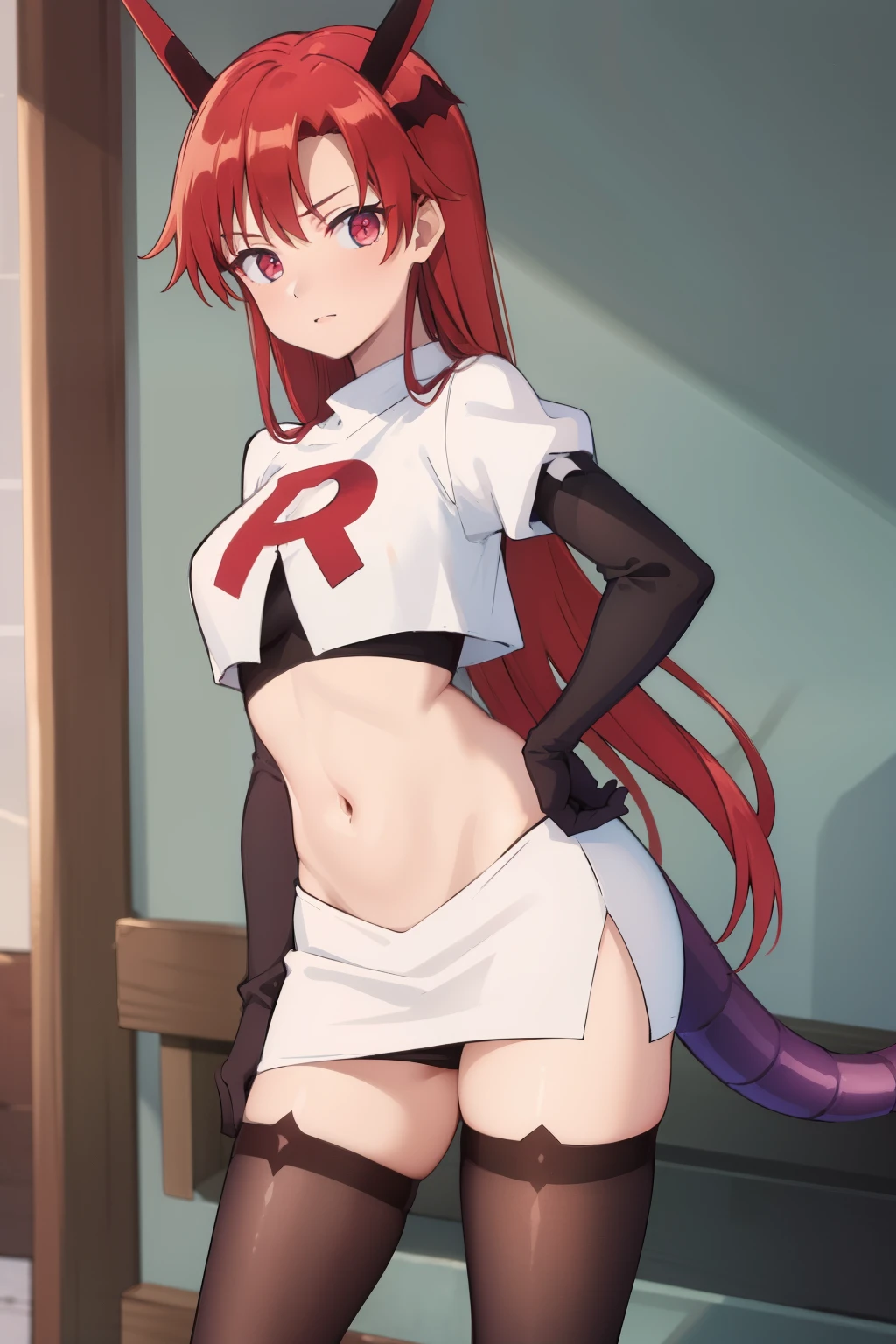 (masterpiece:1.3), (absurdres:1.3), (best quality:1.3),looking at viewer, tania-fi, dragon horns, dragon tail,  team rocket,team rocket uniform,white skirt,crop top,black thigh-highs,black elbow gloves,