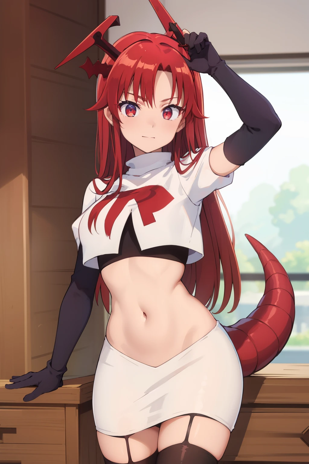 (masterpiece:1.3), (absurdres:1.3), (best quality:1.3),looking at viewer, tania-fi, dragon horns, dragon tail,  team rocket,team rocket uniform,white skirt,crop top,black thigh-highs,black elbow gloves,