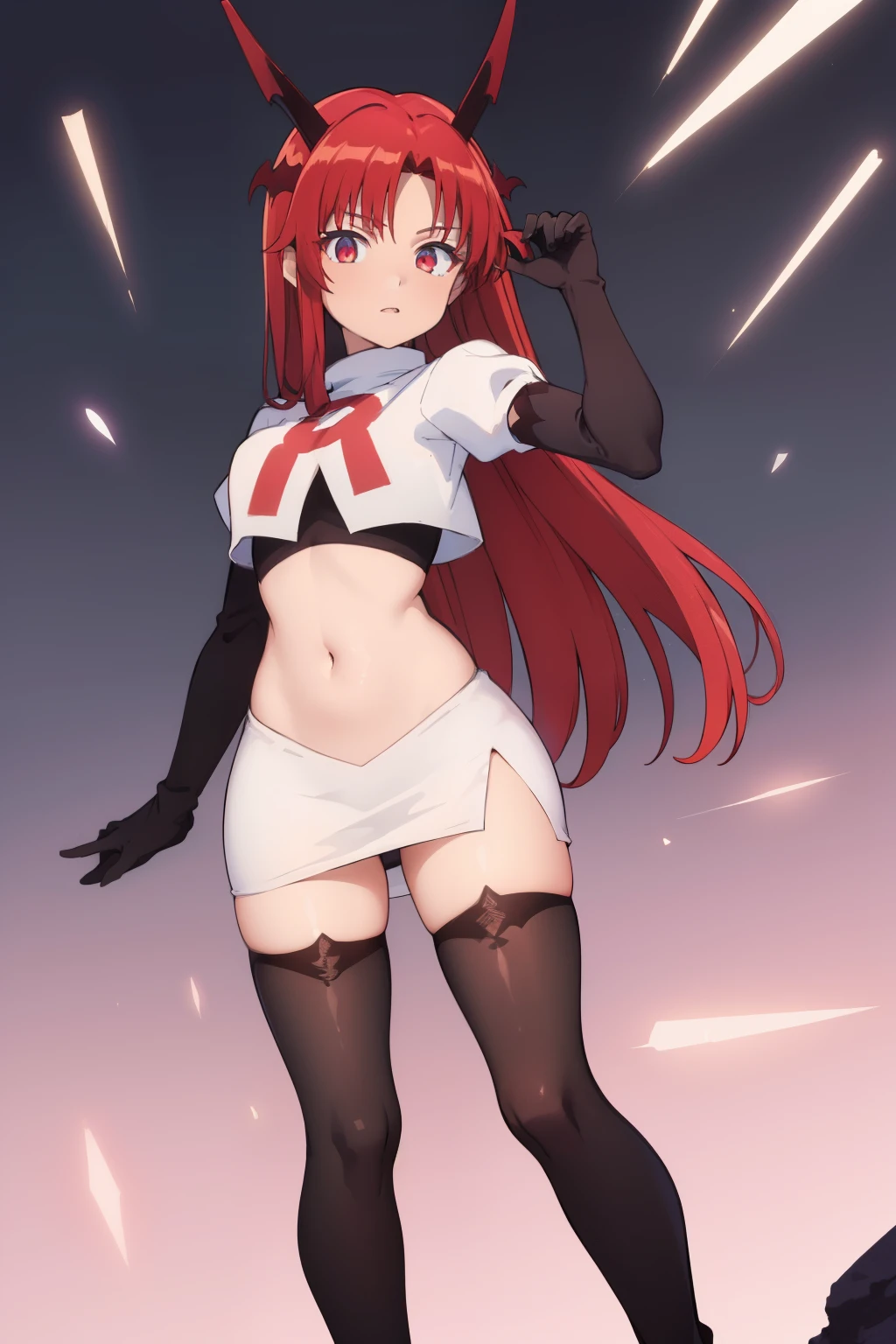 (masterpiece:1.3), (absurdres:1.3), (best quality:1.3),looking at viewer, tania-fi, dragon horns, dragon tail,  team rocket,team rocket uniform,white skirt,crop top,black thigh-highs,black elbow gloves,