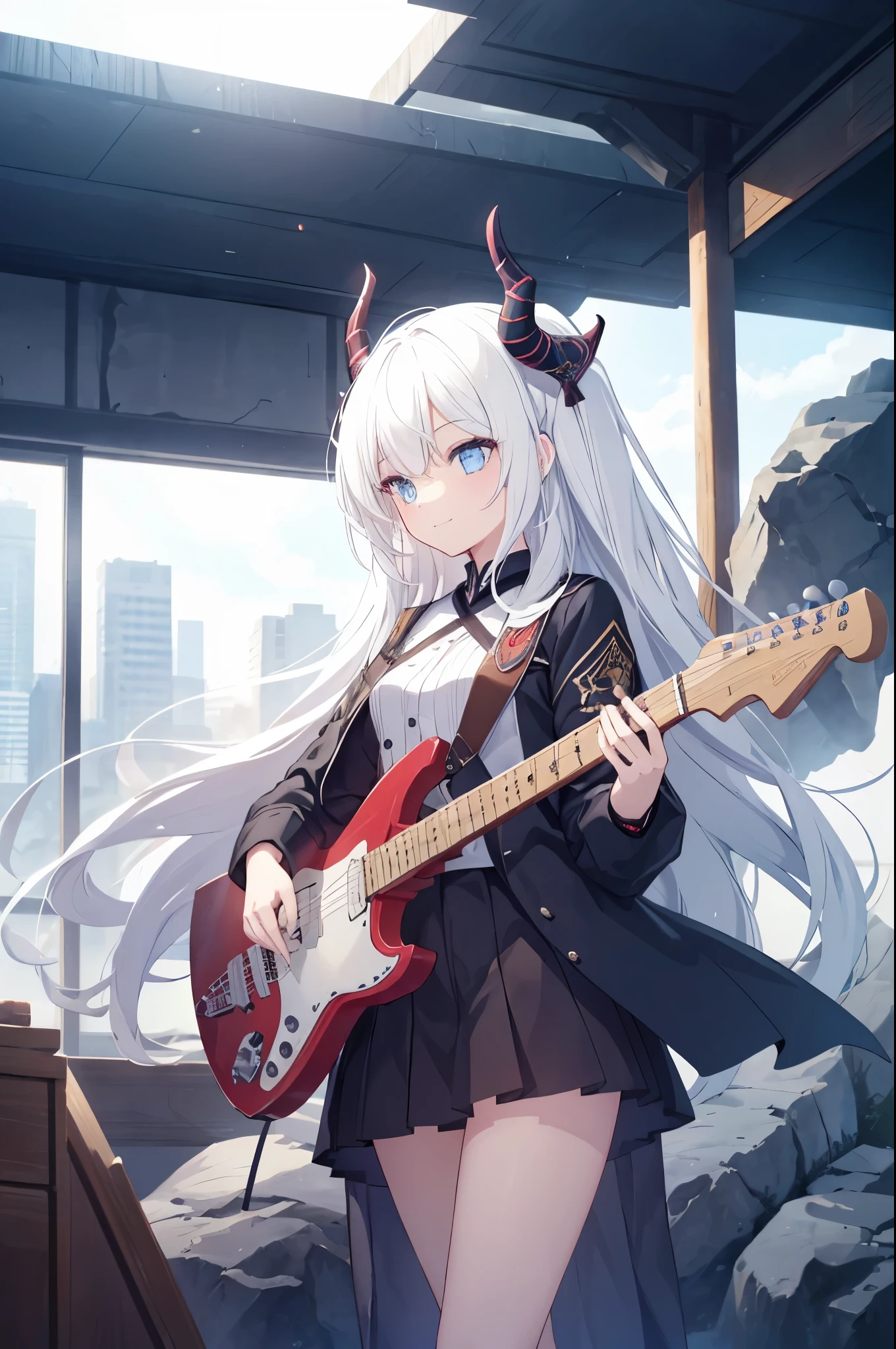 a human girl，girl figure，top view，side view，sideways，female face，A bad smile，smile，perfect fair skin，sideways，white long straight hair，Hair has turned white，white hair，blue eyes，There are highlights in the eyes，female hands，novice，There are two long and straight dragon horns on the head，Dressed in rock band clothes，The background is rock and roll music，masterpiece，Exquisite and exquisite two-dimensional exquisite painting style，Exquisite and delicate，8K high quality，CG wallpaper，HD，Bad milk，Small breasts，solo，tomorrow ark风格，tomorrow ark
