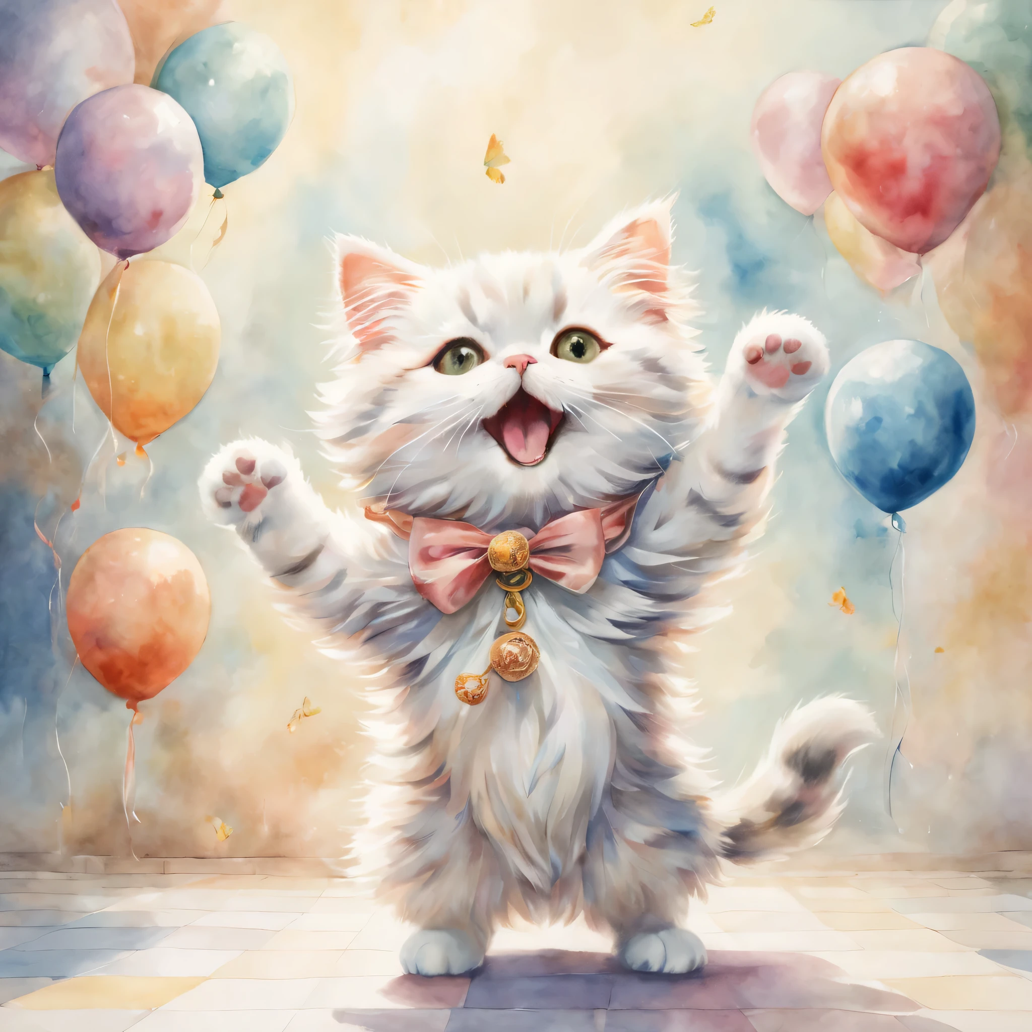 ((cat playing)),dance,raise a hand,jump,open your mouth,indoor,masterpiece,highest quality,fluffy cat,Little,cute,Futebutesi,fun,happiness,,Fashionable scenery,glitter effect,celebration,anatomically correct,All the best,最高にcute猫,cute猫，,fantasy,randolph caldecott style,enlightenment,watercolor painting,Gentle shades
