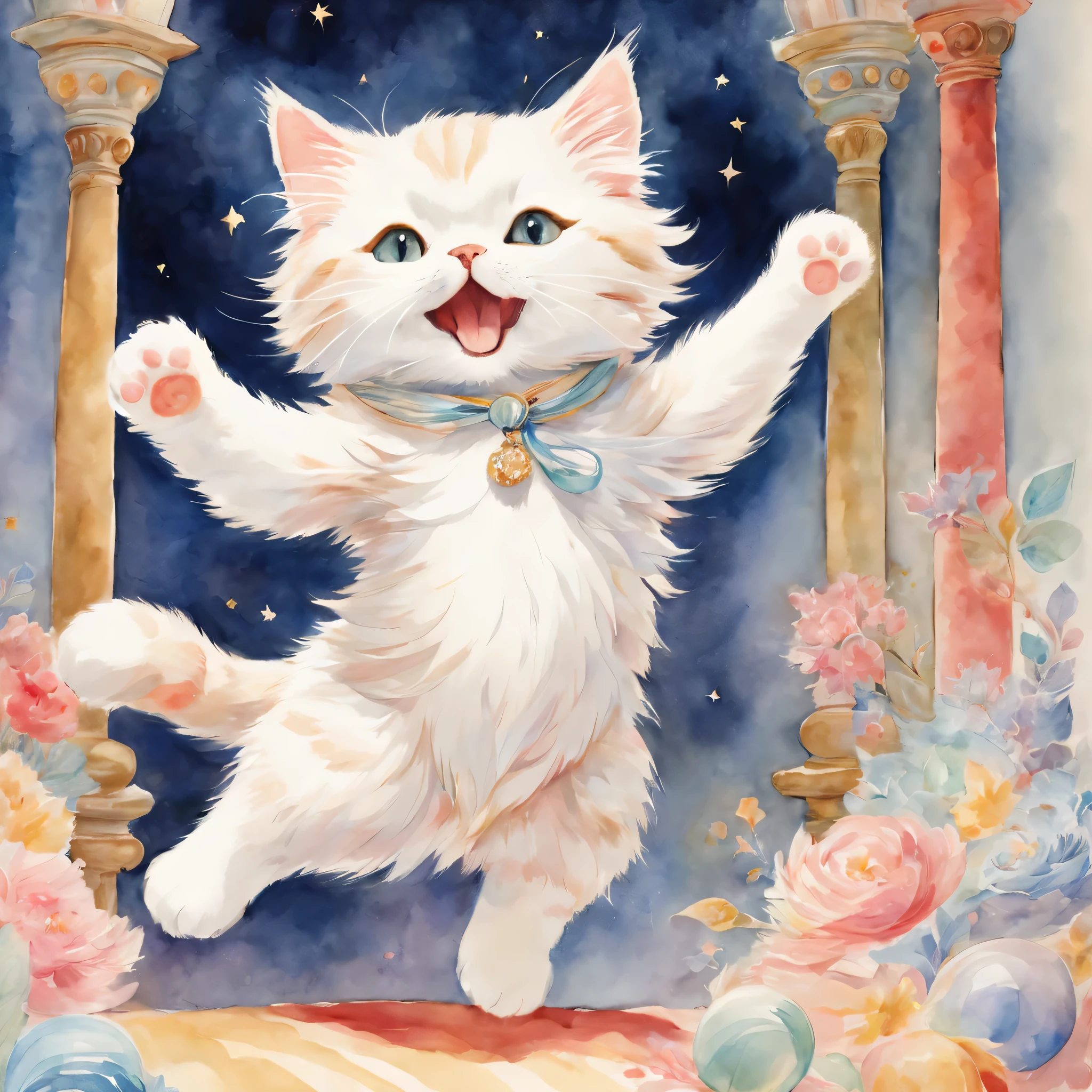 ((cat playing)),dance,raise a hand,jump,open your mouth,indoor,masterpiece,highest quality,fluffy cat,Little,cute,Futebutesi,fun,happiness,,Fashionable scenery,glitter effect,celebration,anatomically correct,All the best,最高にcute猫,cute猫,,fantasy,randolph caldecott style,enlightenment,watercolor painting,Gentle shades