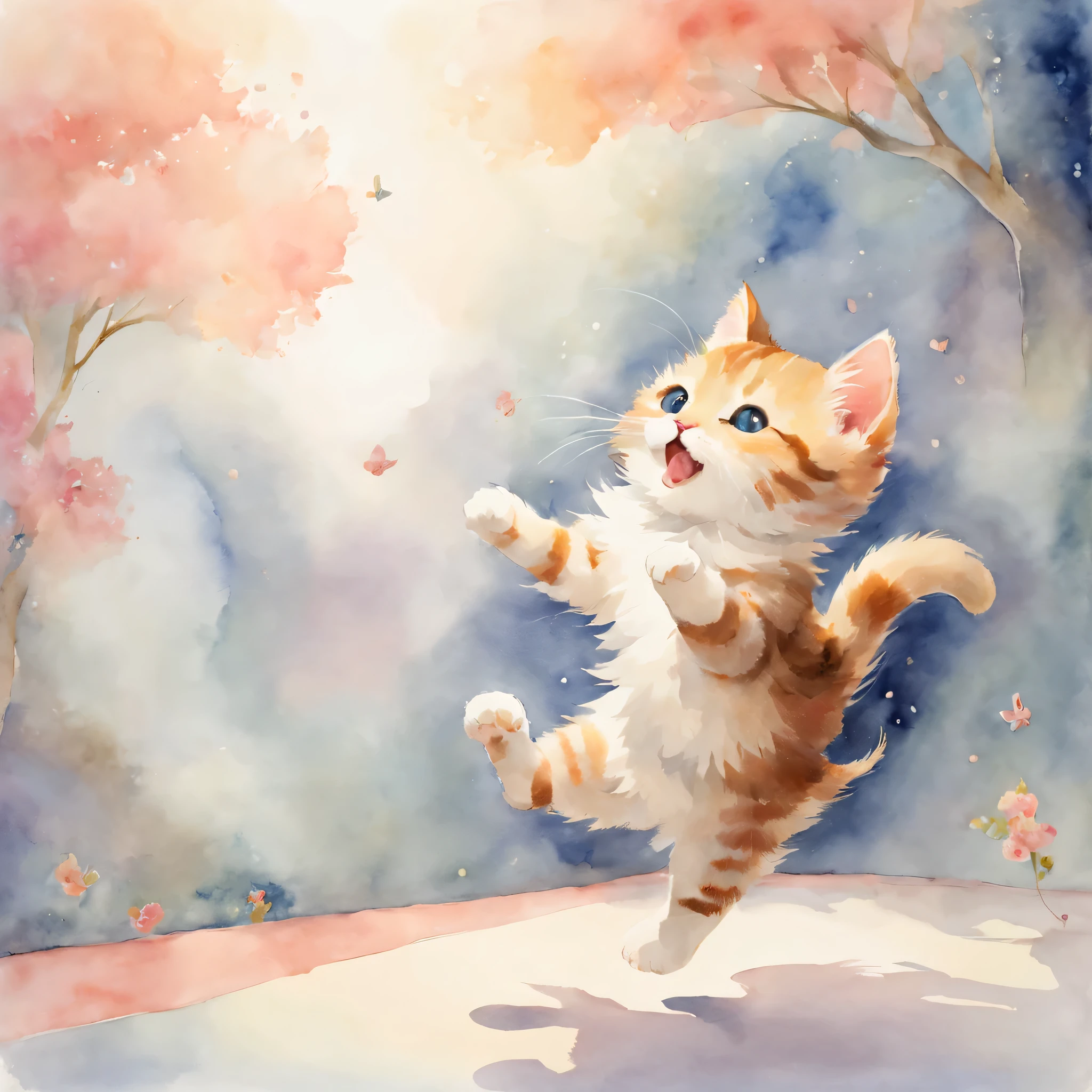 ((cat playing)),dance,raise a hand,jump,open your mouth,indoor,masterpiece,highest quality,fluffy cat,Little,cute,Futebutesi,fun,happiness,,Fashionable scenery,glitter effect,celebration,anatomically correct,All the best,最高にcute猫,cute猫，,fantasy,randolph caldecott style,enlightenment,watercolor painting,Gentle shades