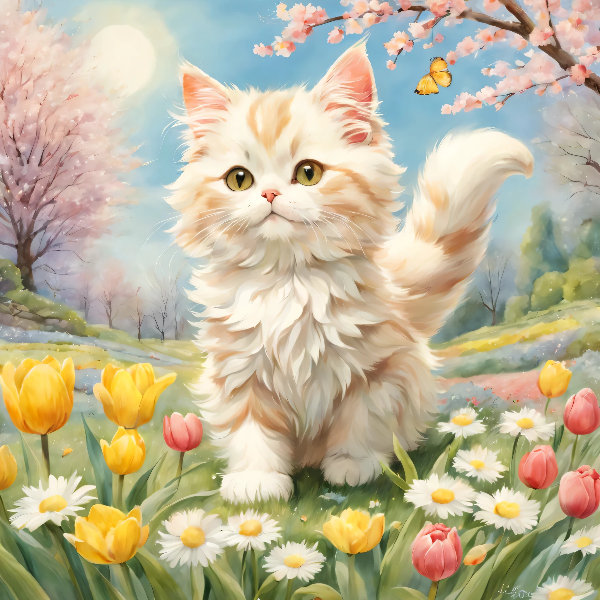((Cat enjoying spring)),spring blossoms,cherry blossoms,tulip,marguerite,Dandelion,masterpiece,highest quality,fluffy cat,Little,cute,Futebutesi,fun,happiness,,Fashionable scenery,anatomically correct,All the best,最高にcute猫,cute猫,,fantasy,randolph caldecott style,enlightenment,watercolor painting,Gentle shades