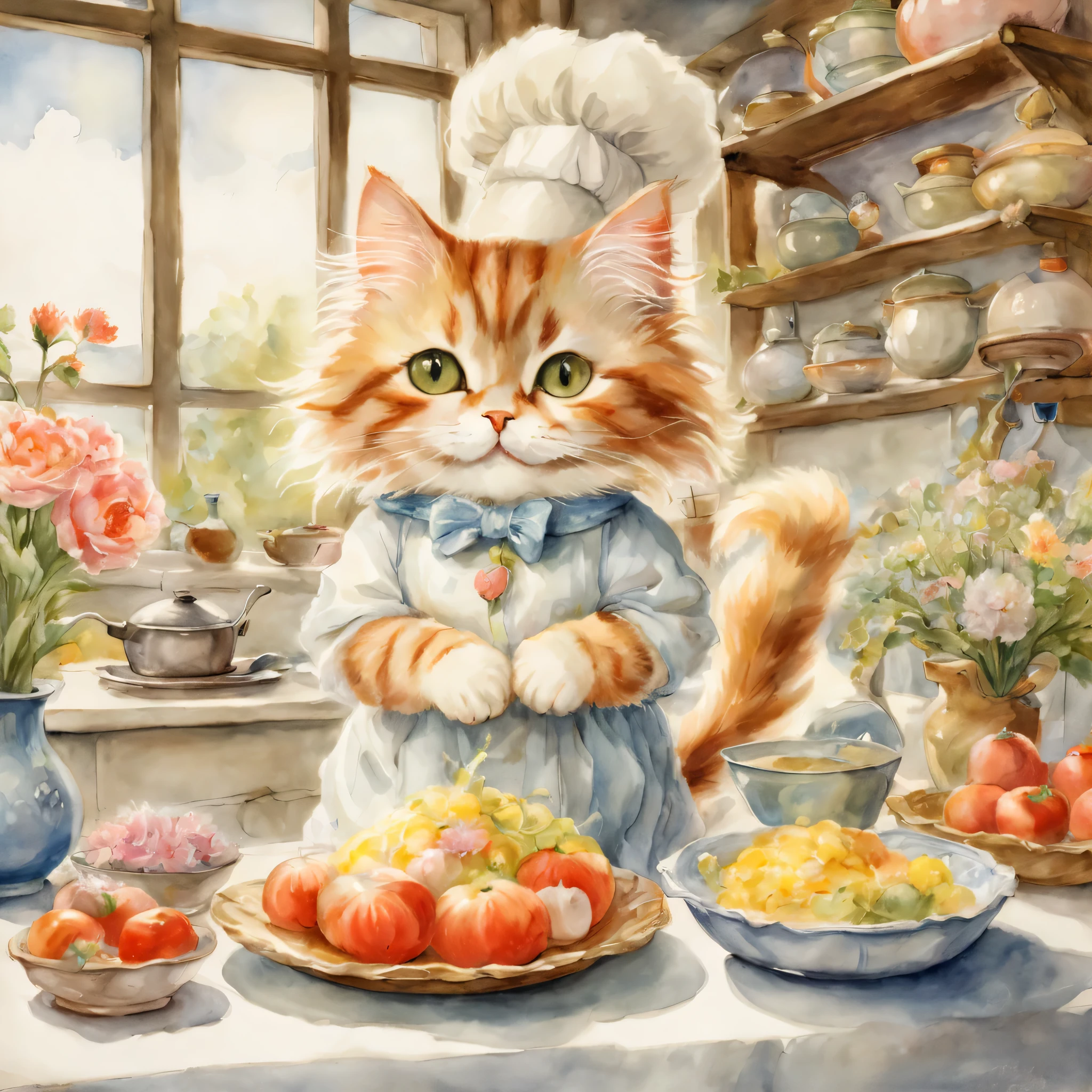 Anthropomorphic cat,((cat cooking)),kitchen,masterpiece,highest quality,fluffy cat,Little,cute,Futebutesi,fun,happiness,,flower hair ornament,,Fashionable scenery,anatomically correct,All the best,,small pussy,cute猫,,fantasy,randolph caldecott style,enlightenment,watercolor painting,Gentle shades