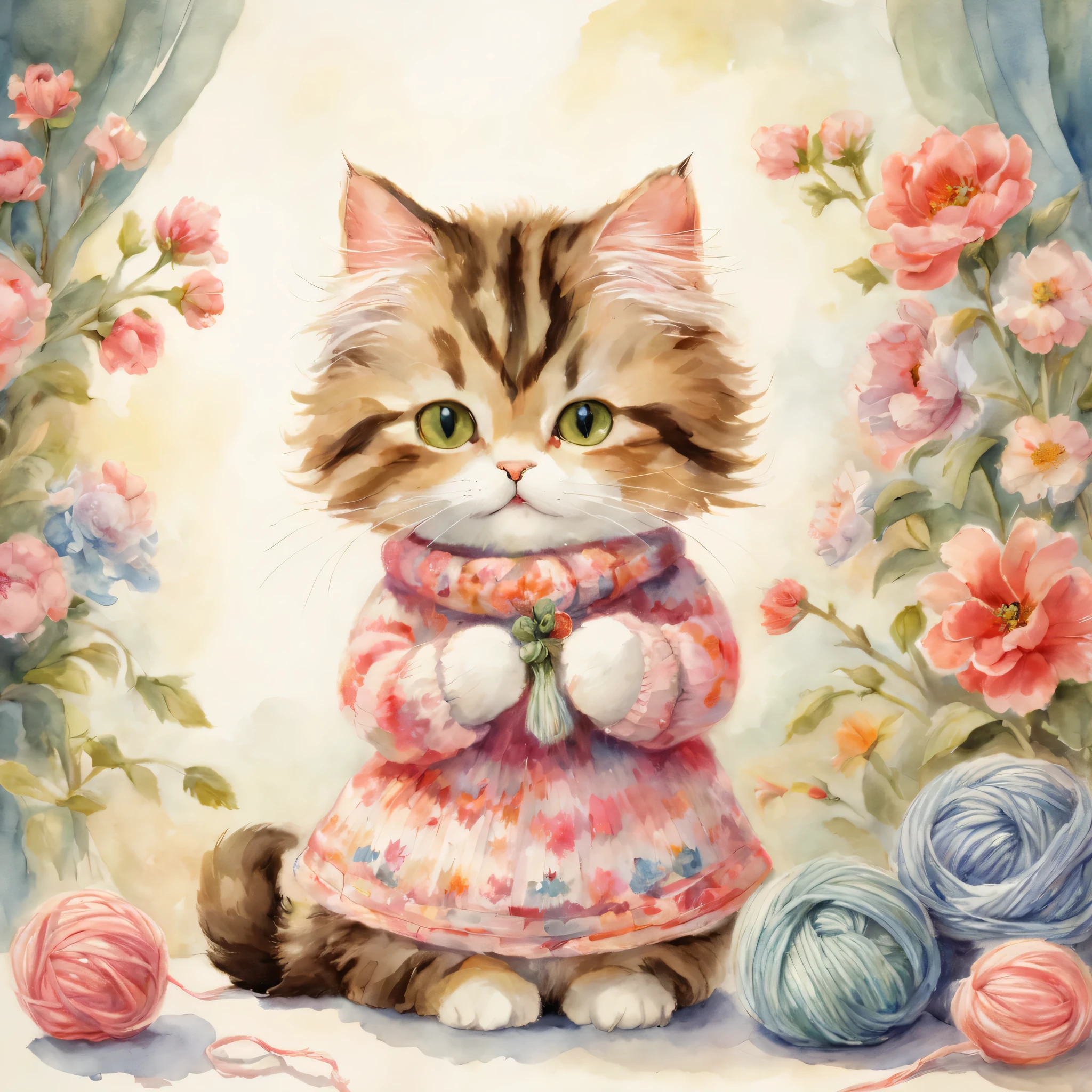 ((cat knitting)),,masterpiece,highest quality,fluffy cat,Little,cute,Futebutesi,fun,happiness,,flower hair ornament,,Fashionable scenery,anatomically correct,All the best,,small pussy,cute猫，,fantasy,randolph caldecott style,enlightenment,watercolor painting,Gentle shades