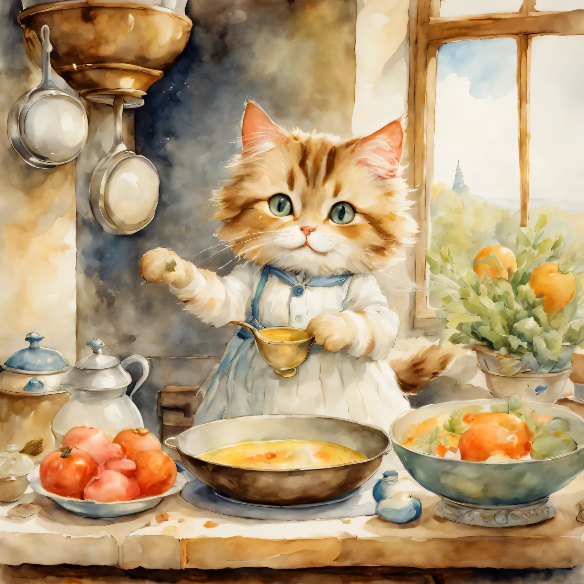 Anthropomorphic cat,((cat cooking)),kitchen,masterpiece,highest quality,fluffy cat,Little,cute,Futebutesi,fun,happiness,,,Fashionable scenery,anatomically correct,All the best,,small pussy,cute猫，,fantasy,randolph caldecott style,enlightenment,watercolor painting,Gentle shades