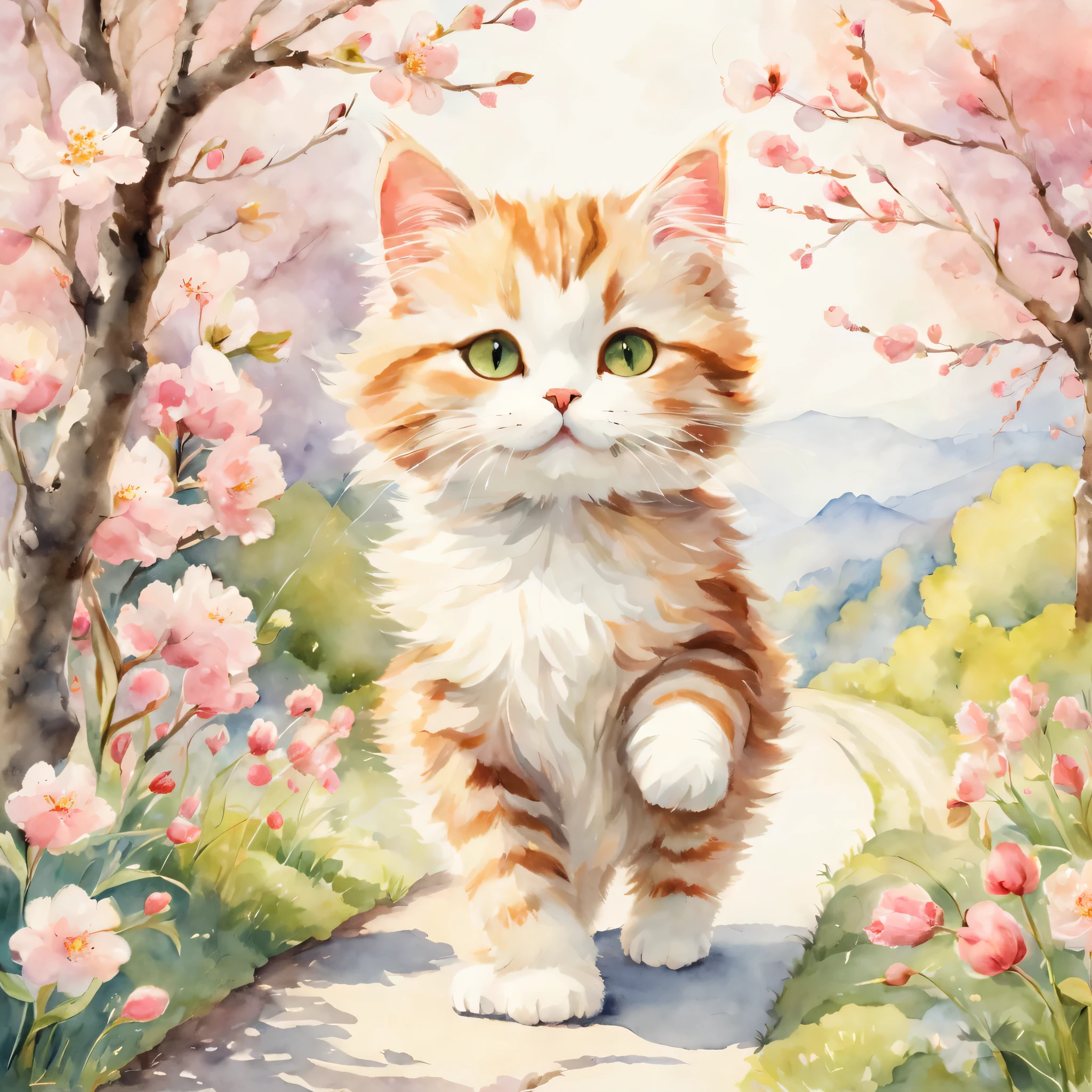 ((cat taking a walk)),spring blossoms,masterpiece,highest quality,fluffy cat,Little,cute,Futebutesi,fun,happiness,,Fashionable scenery,anatomically correct,All the best,最高にcute猫,cute猫，,fantasy,randolph caldecott style,enlightenment,watercolor painting,Gentle shades