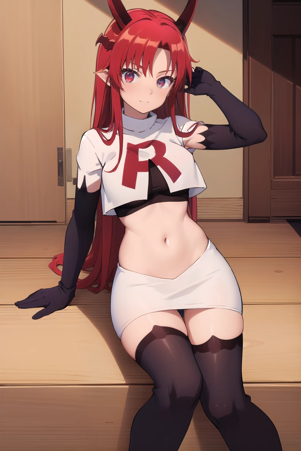 (masterpiece:1.3), (absurdres:1.3), (best quality:1.3),looking at viewer, tania-fi, dragon horns, dragon tail,  team rocket,team rocket uniform,white skirt,crop top,black thigh-highs,black elbow gloves,