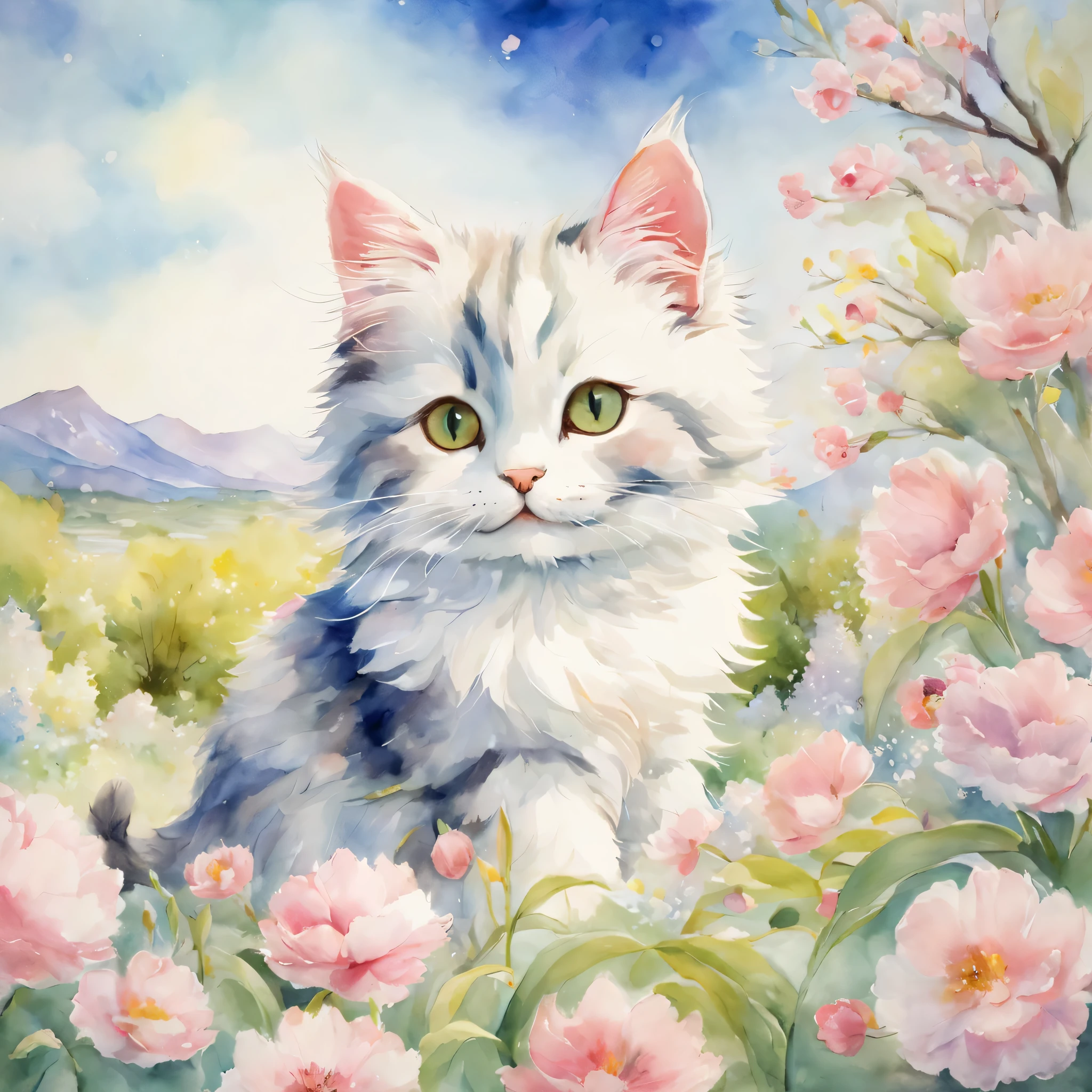 ((Cat enjoying spring)),spring blossoms,masterpiece,highest quality,fluffy cat,Little,cute,Futebutesi,fun,happiness,,Fashionable scenery,anatomically correct,All the best,最高にcute猫,cute猫，,fantasy,randolph caldecott style,enlightenment,watercolor painting,Gentle shades