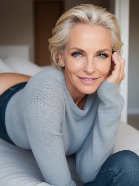 50yo european woman, mature, beautiful female arafed model, eye wrinkle , wrinkles around mouth, forehead wrinkle, attractive beautiful face, blond hair with blond highlights, big saggy boobs, fotorealistisch, Sommersprossen Gesicht, Cinematically beautiful natural skin, fit body, beautiful model girl, guckt direkt in die Kamera, RAW Fotografie sehr realistisch, shot taken from hip height, smile, hair tied up, bags under the eyes, full length body picture, emphasis on face details, sultry and mysterious smile, tight sweatshirt, blue jeans