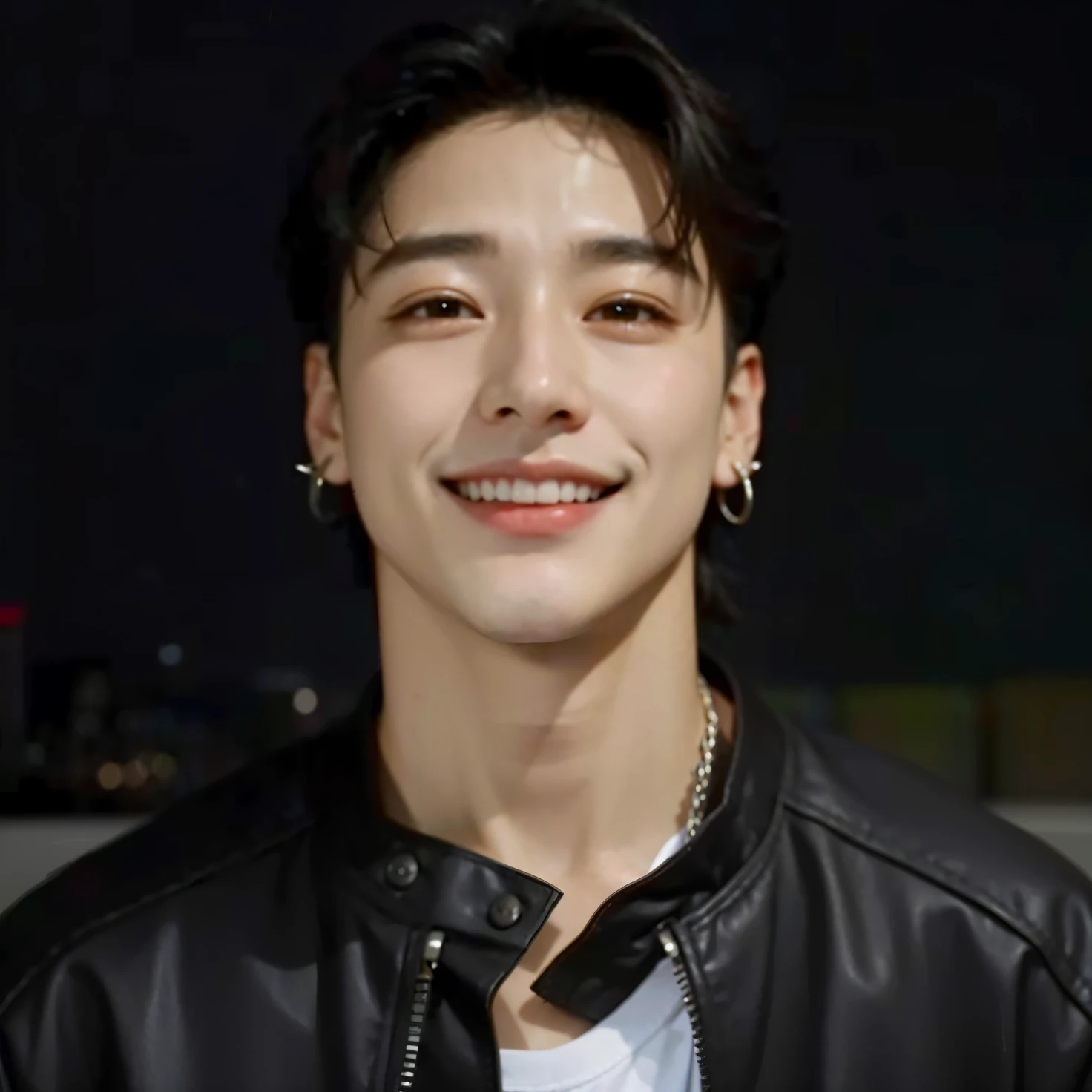 um close de uma pessoa vestindo uma jaqueta de couro e sorrindo, Jungkook, cai xukun, hyung tae, sorrindo certo, taejune kim, brilhante da chuva, profile picture with headshot, homem sul-coreano, adorable and pale korean face, ele tem cerca de 25 anos, artista coreano, inspirado em Jeon Jungkook
