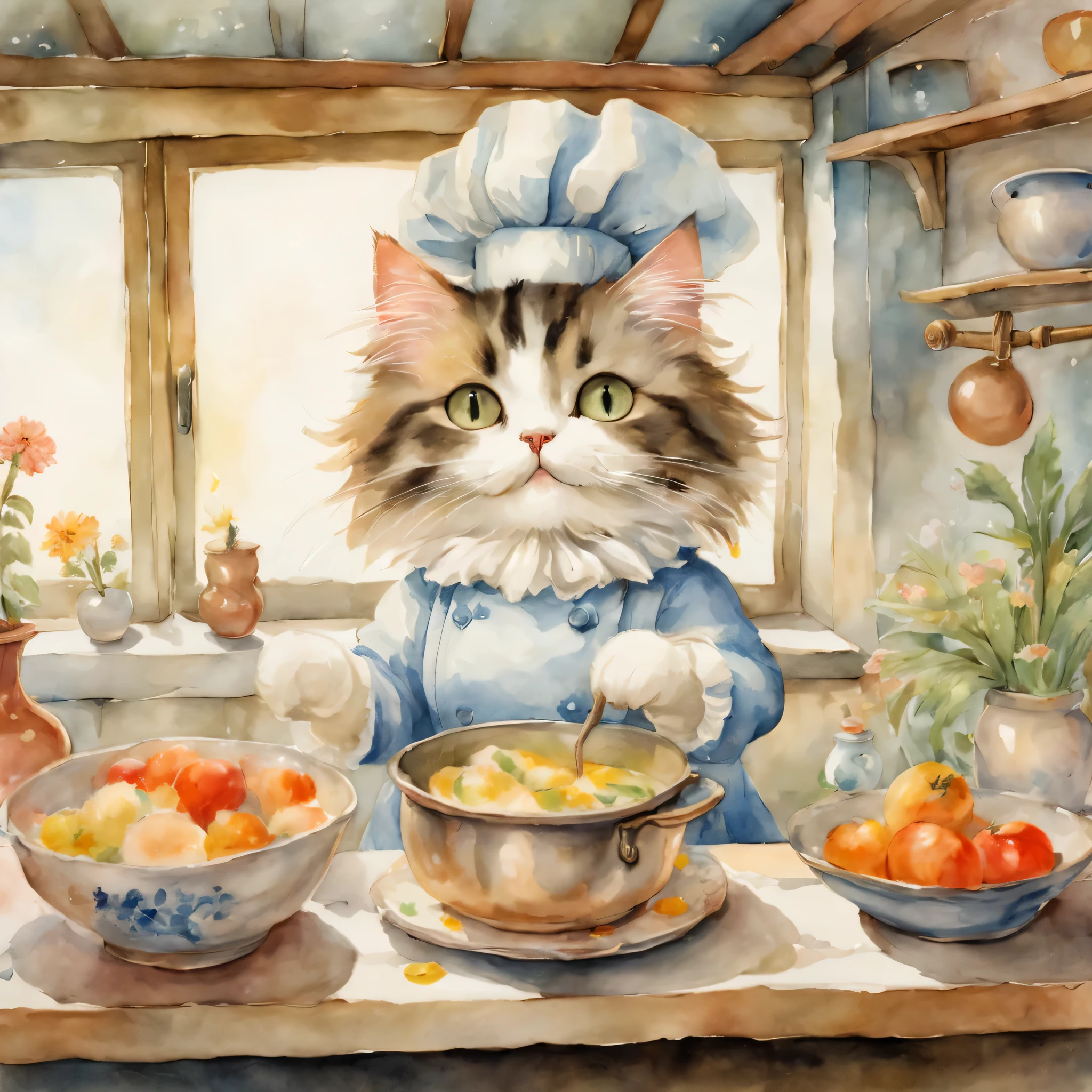 Anthropomorphic cat,((cat cooking)),kitchen,masterpiece,highest quality,fluffy cat,Little,cute,Futebutesi,fun,happiness,,flower hair ornament,,Fashionable scenery,anatomically correct,All the best,,small pussy,cute猫，,fantasy,randolph caldecott style,enlightenment,watercolor painting,Gentle shades