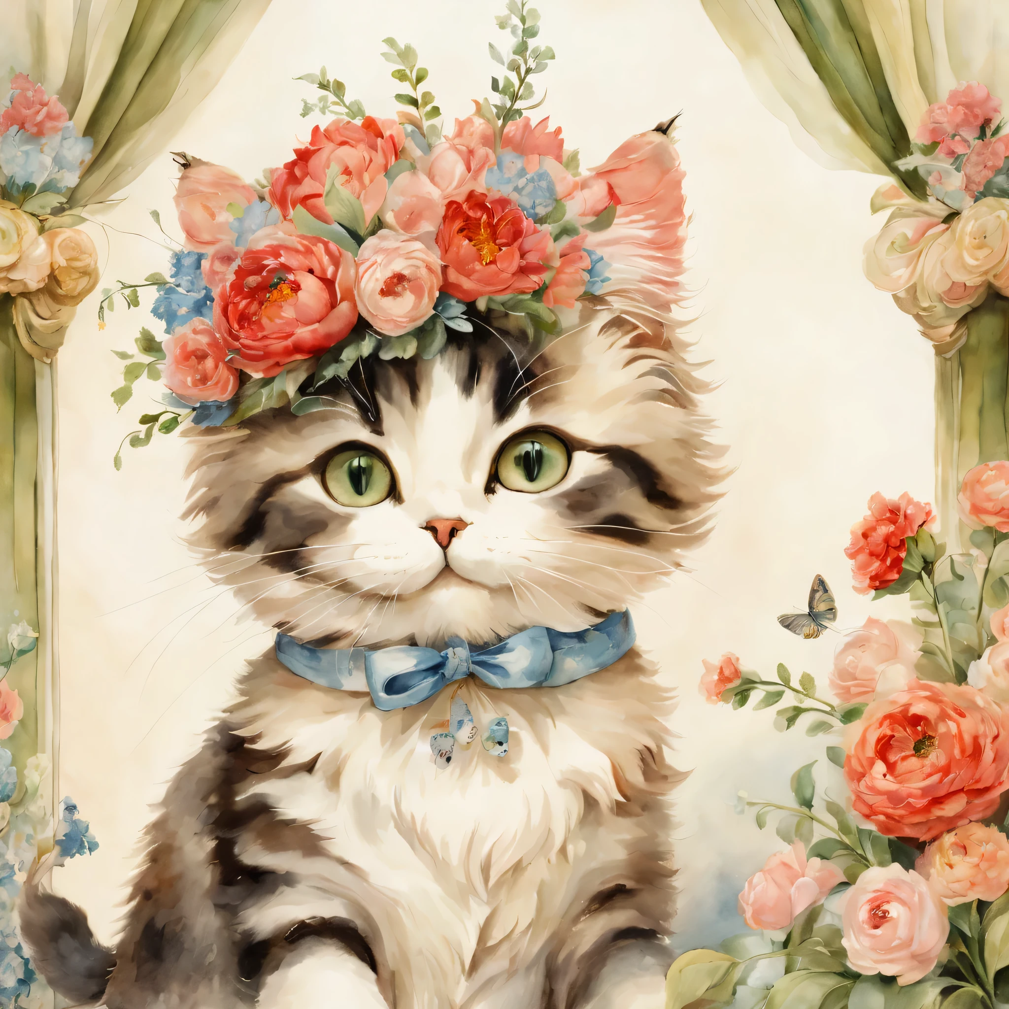 relationship with cats,((cat couple with bouquet)),masterpiece,highest quality,fluffy cat,Little,cute,Futebutesi,fun,happiness,,flower hair ornament,,Fashionable scenery,anatomically correct,All the best,,small pussy,cute猫，,fantasy,randolph caldecott style,enlightenment,watercolor painting,Gentle shades