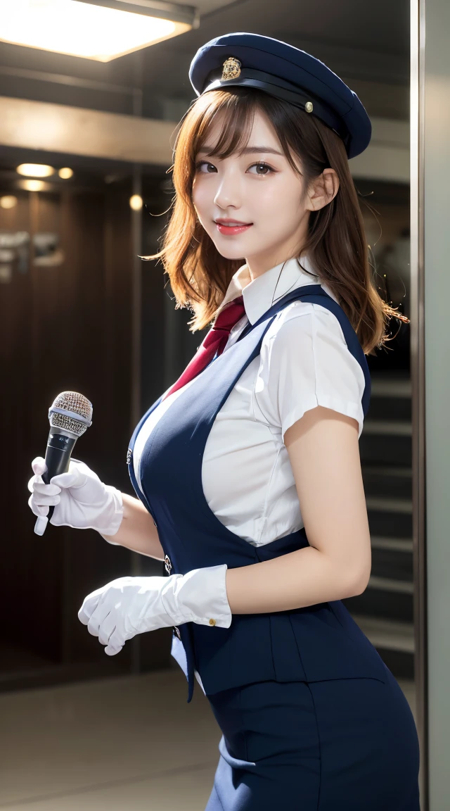 Highest quality，Ultra HD，(((whole body,With legs)))、(((Japanese flight attendant uniform 1.6))), (((Red striped tie, Tight Skirt，best-dressed uniform、Tekast, white formal short gloves,(黒のHigh heels), ((holding a mini microphone)),Japanese CA，A small smile,白いTight blouse)))、((navy bowler hat 1.4)), White gloves, High heels、(Photorealistic:1.4)、(Surreal:1.4)、(Realistic:1.3)、 (Gentle lighting: 1.05)、32K、 One Woman、35-year-old woman、Photorealistic Lighting、Backlight、Facial Light、Ray Tracing、(bright:1.2)、(Improvement of quality:1.4)、 (Highest qualityのリアルテクスチャスキン)、Beautiful Eyes,delicate and elegant features, White blouse,Tight blouse,tight best-dressed uniform, (Enhance your body line:1.1),((Glowing Skin 1.4))、((blonde short bob 1.5)),Korean Idol、Idol Pose、A small smile,blush,Beautiful actress、A proper woman,whole body, (((Small and beautiful breasts))),(Perfect teeth alignment),narrow waist and hips,Beautiful legs,Full Shot)、(((Charm、Embarrassing))),(eye shadow),((Red cheeks、Red lips)),Very beautiful night view、At night,A small smile,(((Full Shot)))、(((airport terminal background 1.5))),