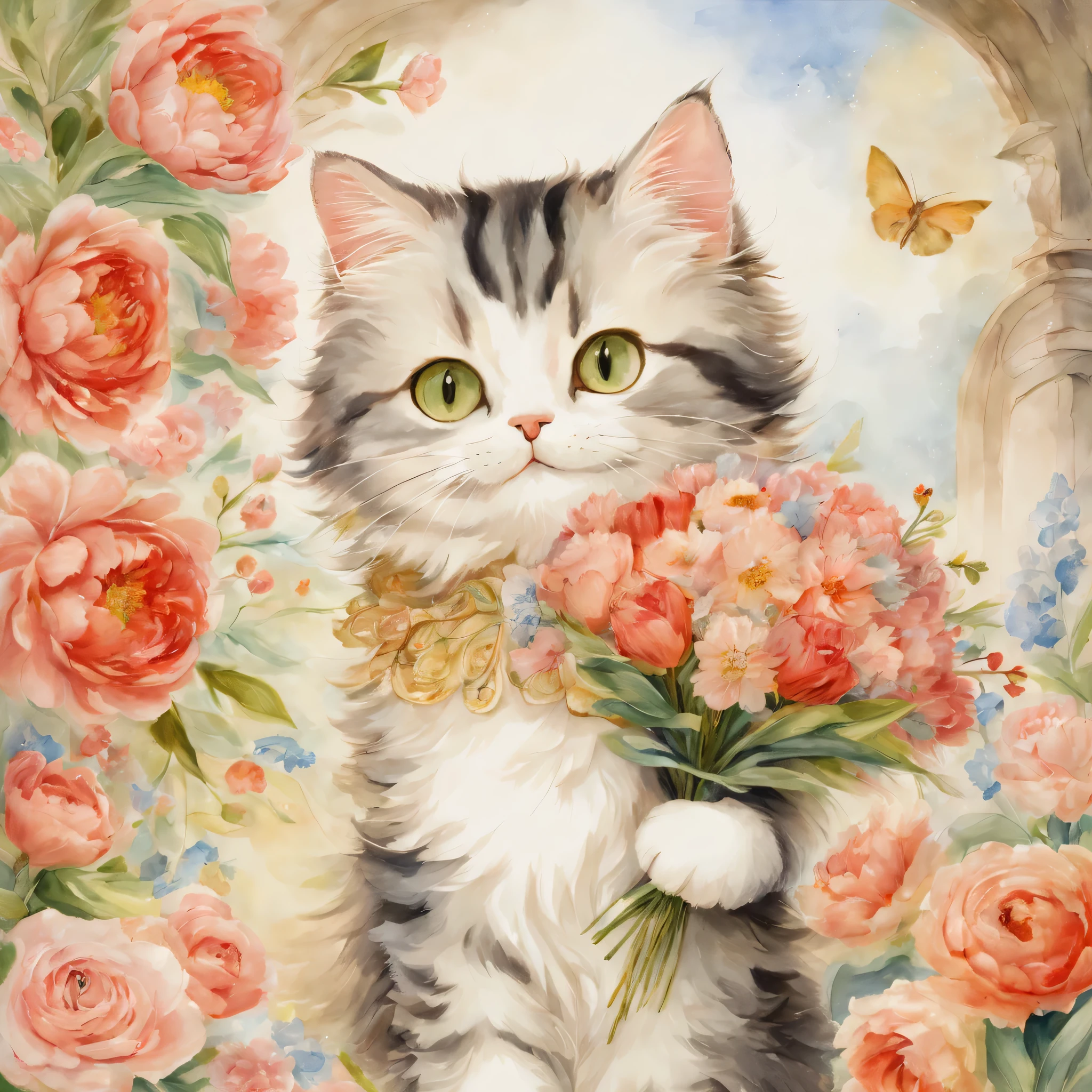 relationship with cats,((cat couple with bouquet)),masterpiece,highest quality,fluffy cat,Little,cute,Futebutesi,fun,happiness,,flower hair ornament,,Fashionable scenery,anatomically correct,All the best,,small pussy,cute猫,,fantasy,randolph caldecott style,enlightenment,watercolor painting,Gentle shades