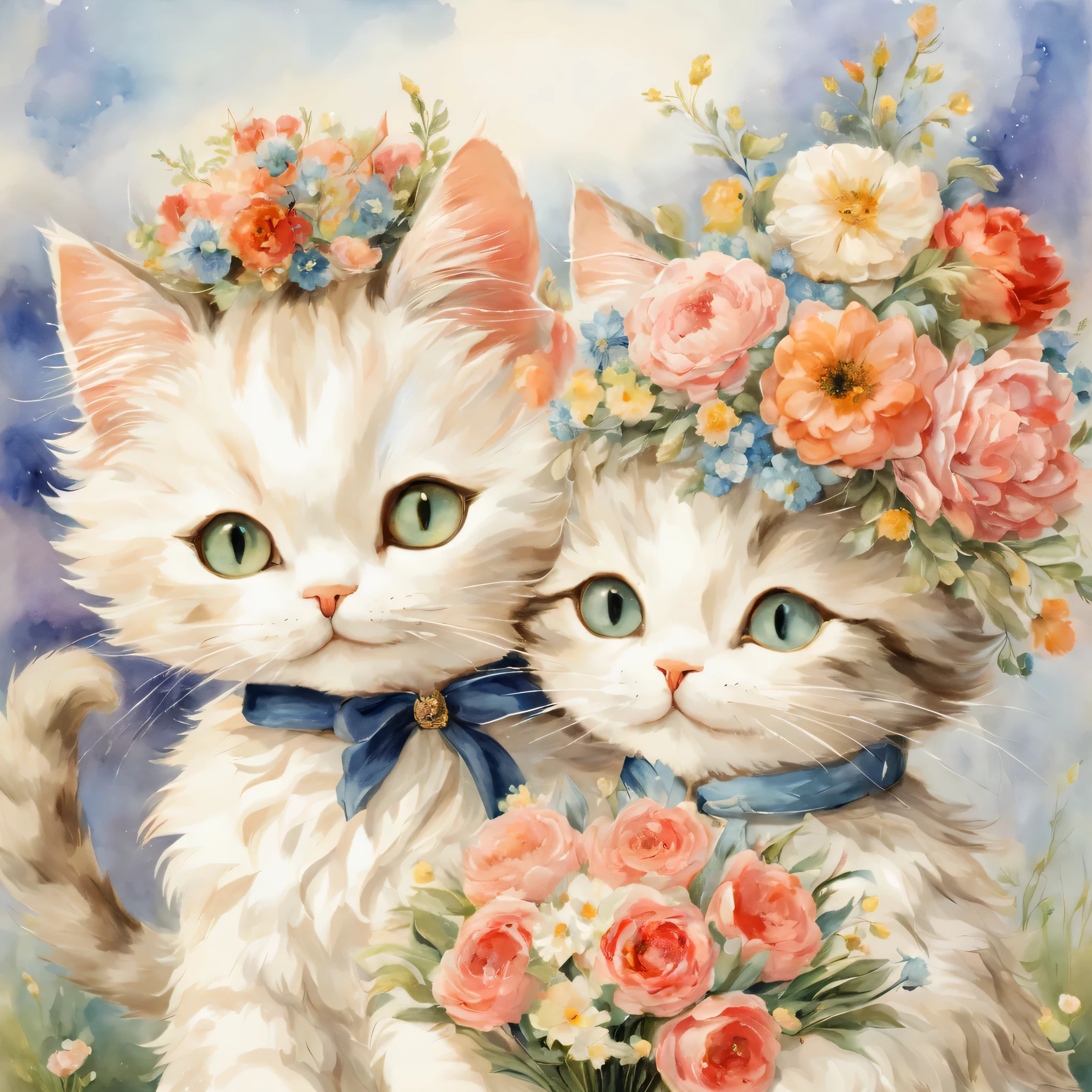 relationship with cats,((cat couple with bouquet)),masterpiece,highest quality,fluffy cat,Little,cute,Futebutesi,fun,happiness,,flower hair ornament,,Fashionable scenery,anatomically correct,All the best,,small pussy,cute猫，,fantasy,randolph caldecott style,enlightenment,watercolor painting,Gentle shades,Minuet