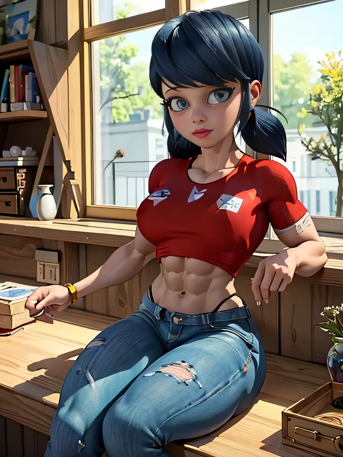 ((open leg's bicep's flexing)),(she wears a navy blue three-quarter length sleeved shirt with white horizontal stripes on her torso which slowly fade into grey. On her lower half, she wears a pair of blue capri jeans. On her feet, Marinette wears red espadrilles.),(bluebell eyes, light scarlet lipstick and medium-length black hair with blue reflections that she usually wears back in two pigtails with red hair ties),(looking at viewers), ((hentai face)) , high contrast, (8K UHD:1.2), (photorealistic:1.2),(masterpiece:1.4), (best quality:1.4),extremely detailed wallpaper, highly detailed illustrations, ((1 Girl)) , (super-complex details) official art, unity 8k wallpaper, ultra detailed, beautiful and aesthetic, masterpiece, best quality, ( zentangle, mandala, tangle, entangle), (fractal art:1.3) , masterpiece, , intricate detail,((bulking)),covered body upper body,(body builder:1.7), muscular, bob hair, busty, sexy, curvy, upper , raised hand, armpit, masterpiece, best quality, high quality, high definition, high quality texture, high quality shadow, high detail, beautiful detailed, fine detailed, extremely detailed cg, detailed texture, a realistic representation of the face, realistic, colorful , delicate, cinematic light, side light, Lens Flare, Ray Tracing, tailed beautiful delicate face, detailed beautiful delicate eyes, mature female, bored, pompadour cut, muscular, toned, navel, ripped abs, thick thighs, (broad shoulders), (big arm muscles), meaty leg muscles, thick eyelashes, makeup.
