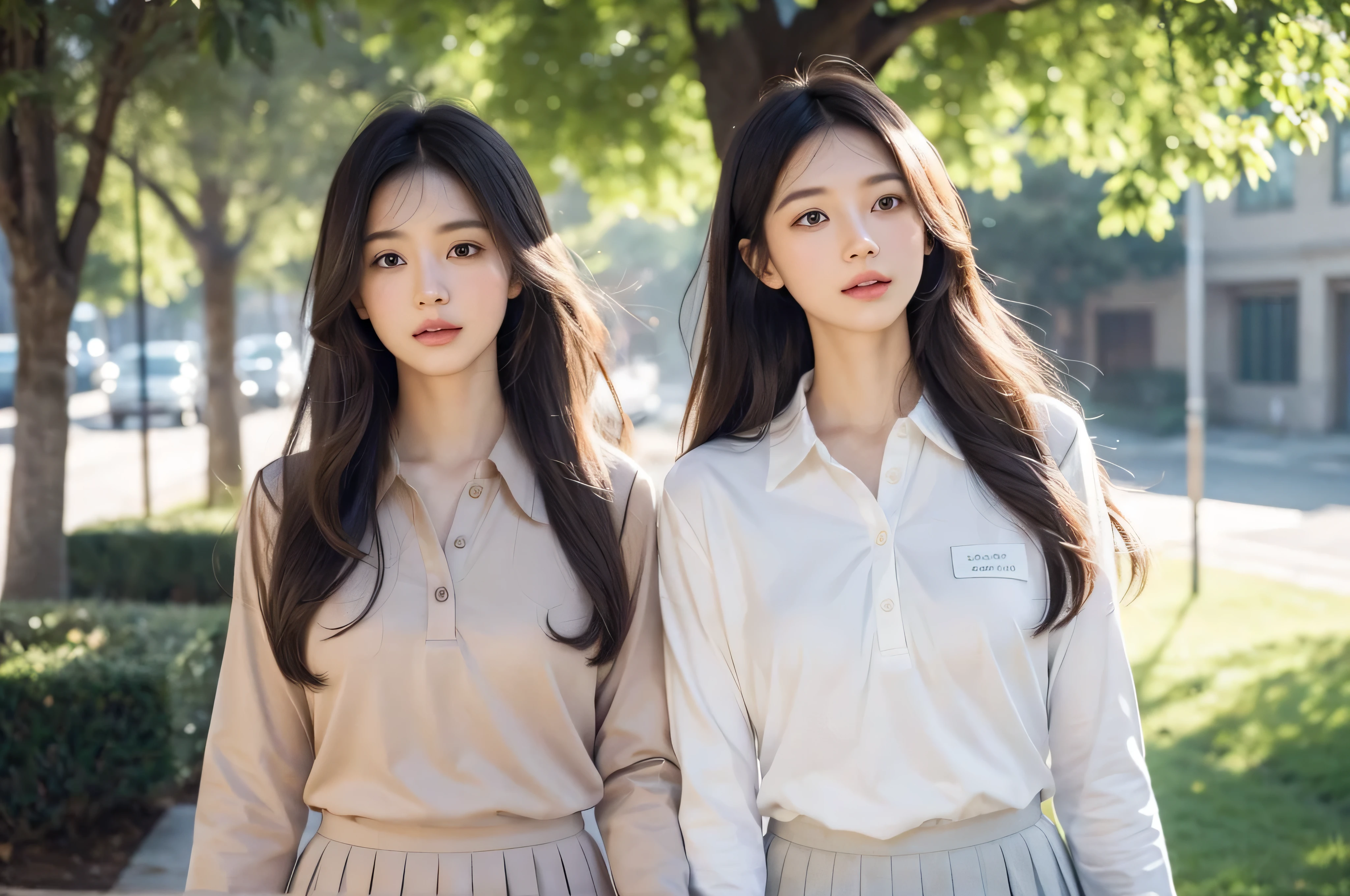 two woman in a school uniform,half body shot,flowing hair,best quality,highres,on the outside of the school,focused and determined expression,vibrant colors,sunlight filtering through the trees,gentle breeze blowing her hair,meticulously detailed fabric and texture,impeccable stitching and buttons,pleats and folds in the uniform creating a sense of movement,highlighted contours and shading,realistic skin tones and subtle blush,crisp and clear lines,professional-grade rendering,subtle hint of nostalgia,soft pastel color palette,evoking a sense of tranquility,subtle lens flare adding a touch of whimsy,prominent shadows creating depth and dimension