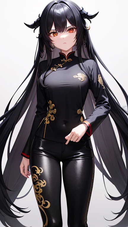 ((8k ultrasharp, Masterpiece, look at viewers with serious)), A girl, Black long hair goes through waist, Gold vertical eyes flows, wearing a black Tangzhuang has a Chinese dragon edgy and aesthetic design pattern, black long sleeve, black pants has a red ribbon around the pocket, a Chinese spirit dragon like ghost behind