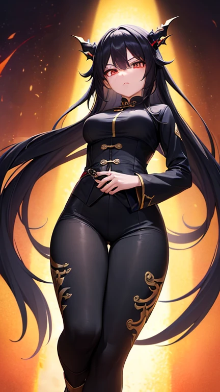 ((8k ultrasharp, Masterpiece, look at viewers with serious)), A girl, Black long hair goes through waist, Gold vertical eyes flows, wearing a black Tangzhuang has a Chinese dragon edgy and aesthetic design pattern, black long sleeve, black pants has a red ribbon around the pocket, a Chinese spirit dragon like ghost behind