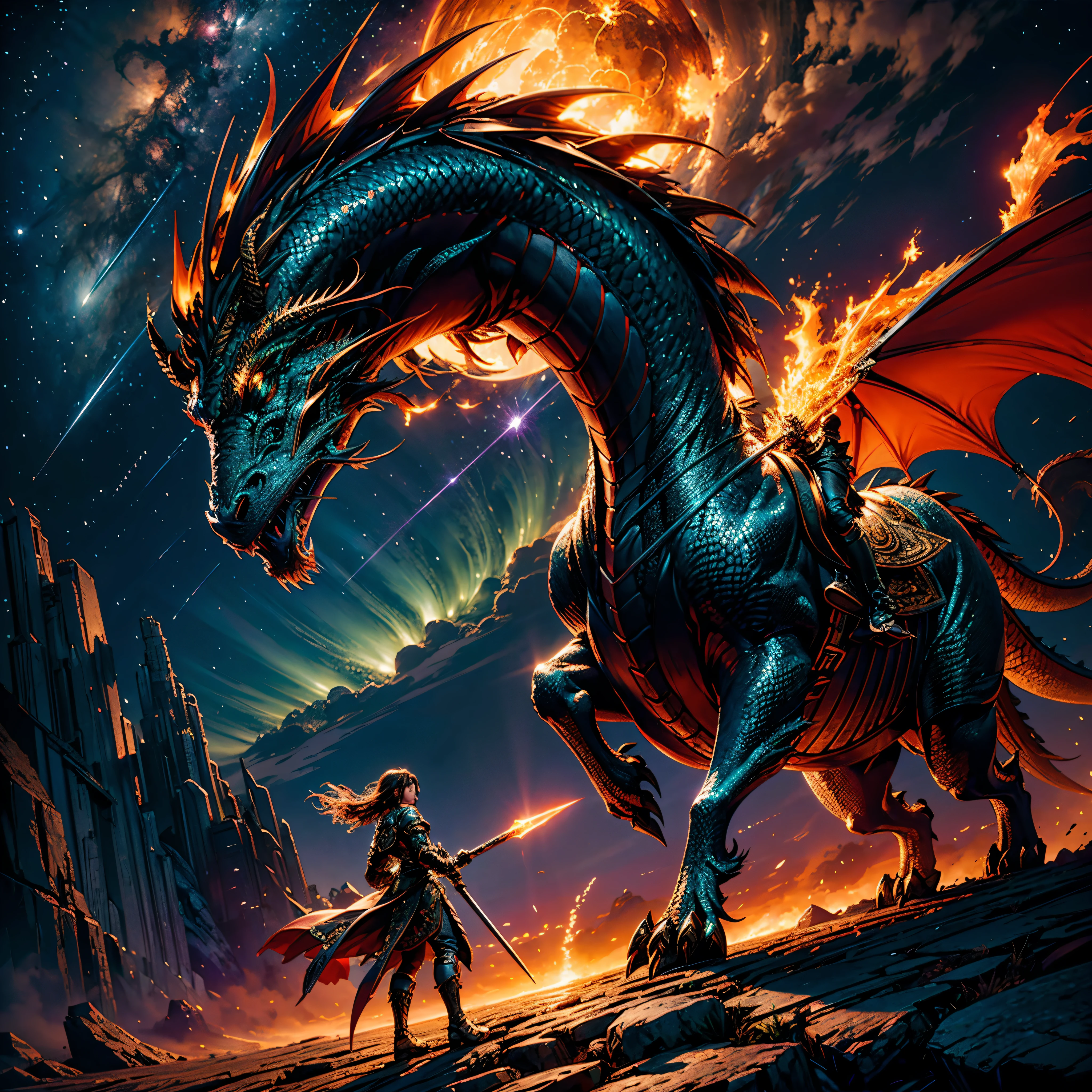(Galaxy stars Nebula Spacious Sunrise evening_glow distant_view Sunset rich_colors colorful wide-angle_lens shooting_evening positive_film naturalistic_style) Create a digital art masterpiece depicting a fearless and battle-worn dragon slayer standing defiantly before an imposing, fire-breathing dragon. The dragon slayer should exude confidence, wielding a legendary weapon with intricate details and adorned in battle-scarred armor. The dragon should be a formidable force, its scales reflecting the glow of its fiery breath. Set the scene against a dramatic backdrop that captures the intensity of this showdown between the last of the dragon slayers and the majestic beast, showcasing the clash of two legendary forces in an epic fantasy world. Will-o'-the-wisp dazzling Symmetrical optimal bright_color dappled_sunLight meticulously intricate ultra_high-details ultra_high-res hyper pro-Photo-realistic ultra_high-quality ultra_high-def UHD XT3 DSLR HDR extreme improved Octane-rendered opengl-shaders glsl-shader romm rgb pbr shading 3DCG fxaa global illumination cgi vfx sfx fkaa txaa rtx ssao post-processing post-production cell-shading tone-mapping Ultra_sharpness focus accurate max saturate reflex analogique Vivid DSLR color-coded luminescence volumetric Cinematic_Sunrise lightning contrast incandescent Cristallines floraison zentangle fleuraison varied multi etc. --s 1000 --c 20 --q 20 --chaos 100