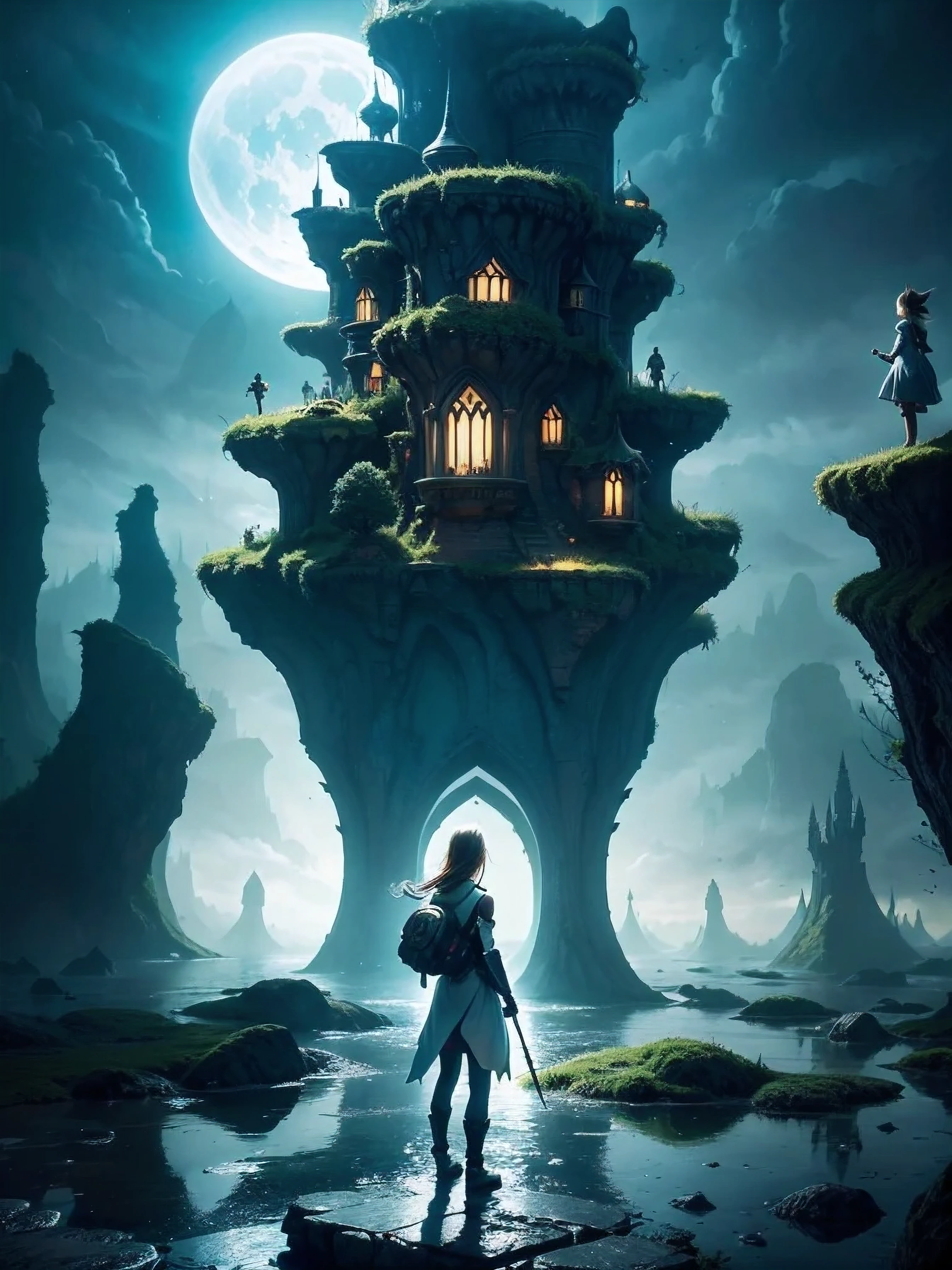 Create a creative and fantastical illustration that tells an impossible story set in a surreal world. The image should depict a scene where the boundaries between different realities and dimensions are blurred. In the center, a character embarks on an extraordinary journey, traversing through a landscape that merges various elements from both natural and supernatural realms. The character should appear in an outfit that is a blend of traditional and futuristic styles, symbolizing their unique role as a bridge between worlds. Surrounding them, the environment should be a fantastical fusion of vivid, otherworldly terrains, such as floating islands, ethereal forests, and futuristic cities. Include mystical creatures and surreal phenomena, like a sky filled with two moons, glowing flora, and mysterious portals, to enhance the sense of a fantastical, dreamlike adventure.