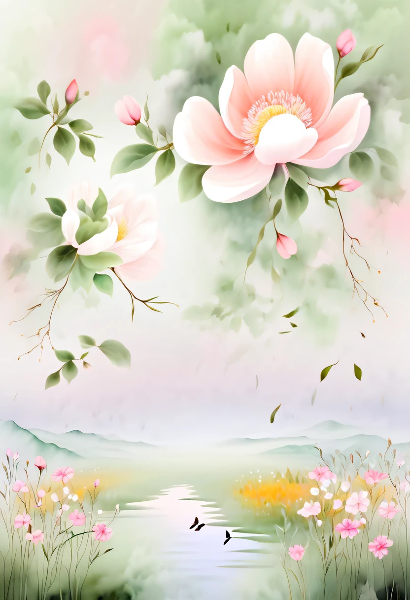 pastel tones，Light style，cozy calm，nature，warm and comfortable，garden，This watercolor floral painting shows a beautiful scene of wildflowers and peach blossoms in a field。The screen is dominated by a white background，Highlights the bright colors of flowers。Use splatter techniques，Reproduces the humid atmosphere。Abstract compositions blend with surreal elements，Create a unique visual effect。Light tones、Pale pink and light green color scheme，and high-resolution details，Shows the vitality and vitality of flowers。The ink splash effect adds to the dynamics of the picture.。In general，This painting is painted in pale tones，Presenting a beautiful watercolor flower painting。